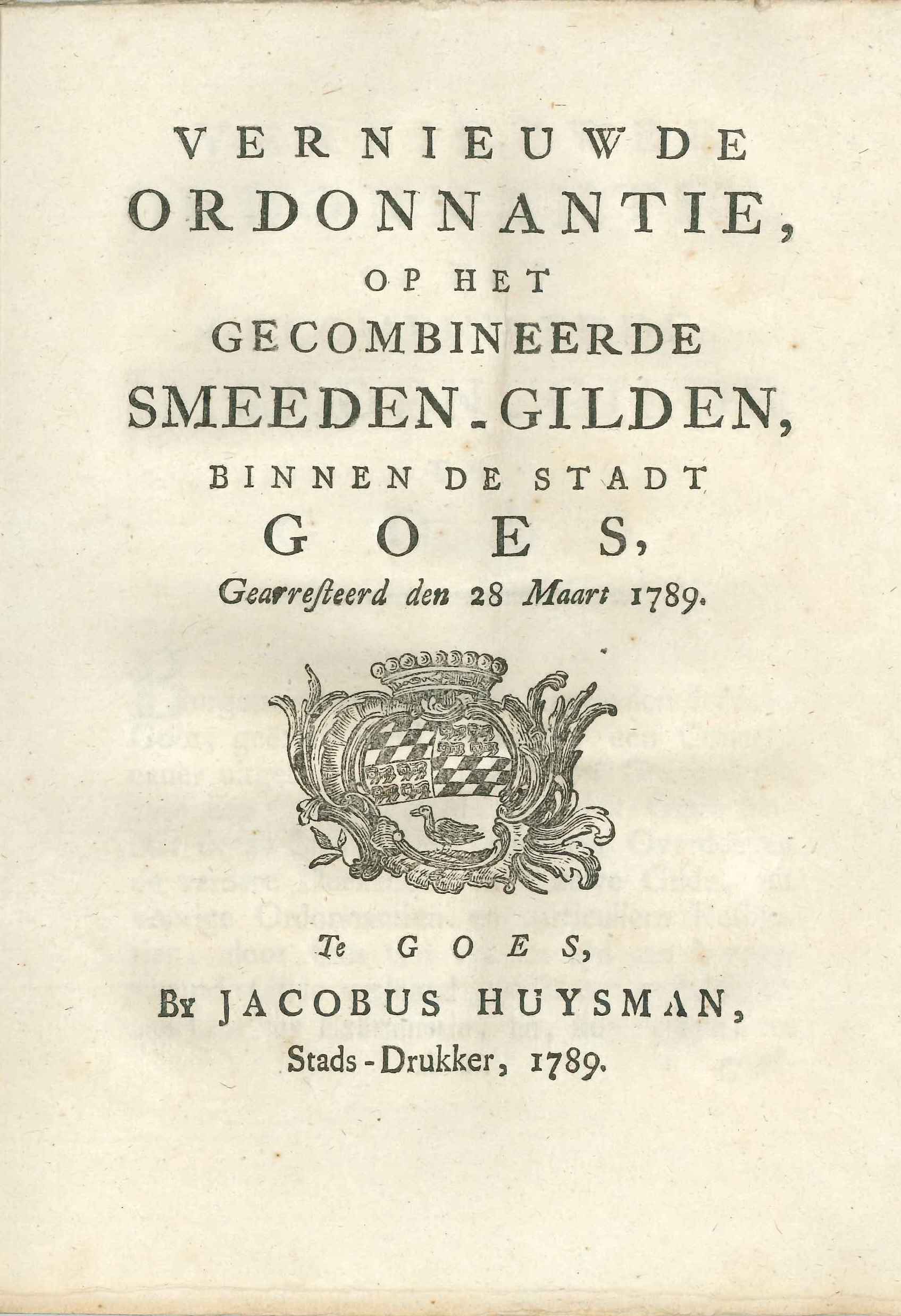Nieuwe ordonnantie op het smedengilde, 1789.