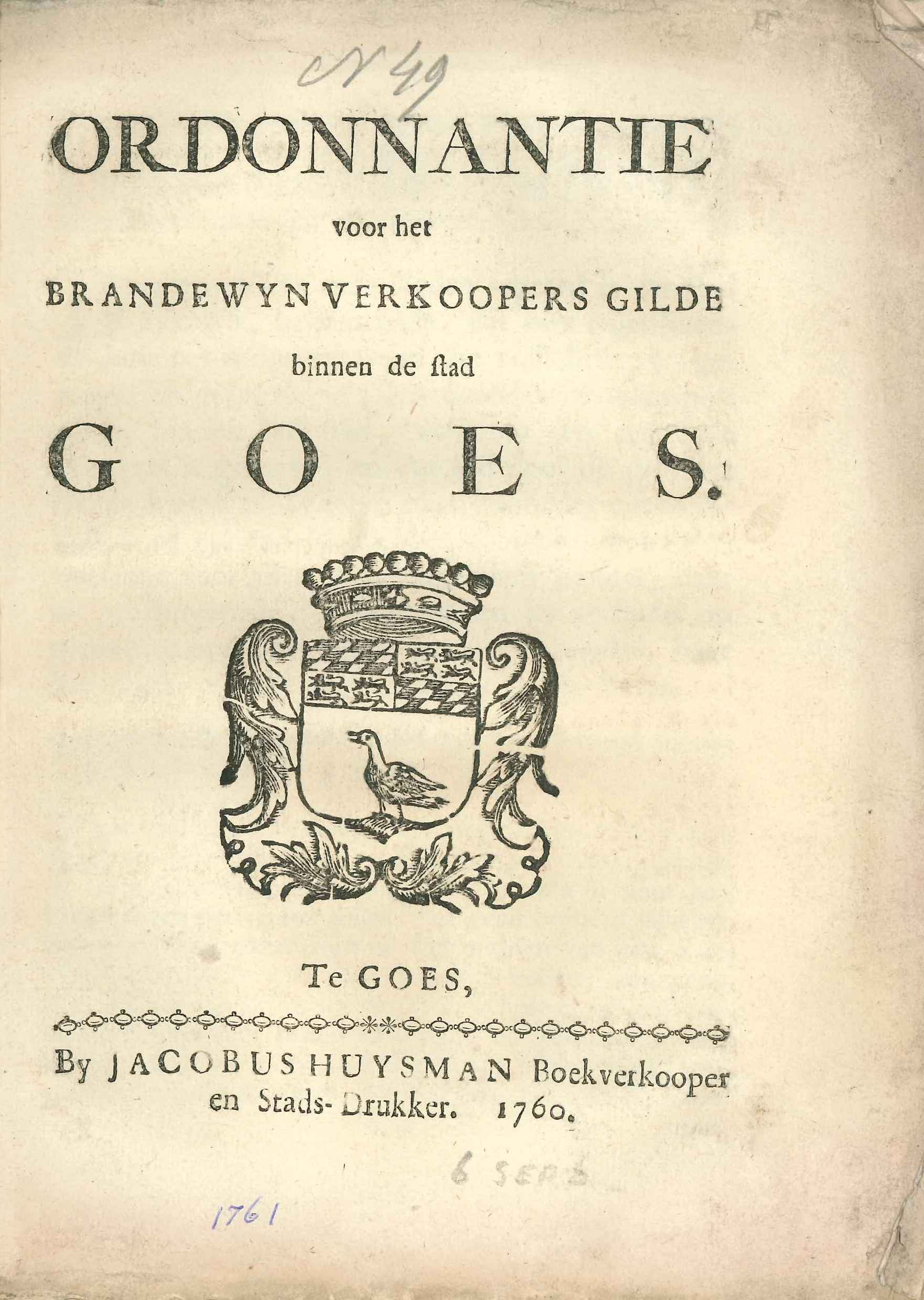 Ordonnantie op het brandewijnverkopersgilde, 1760.