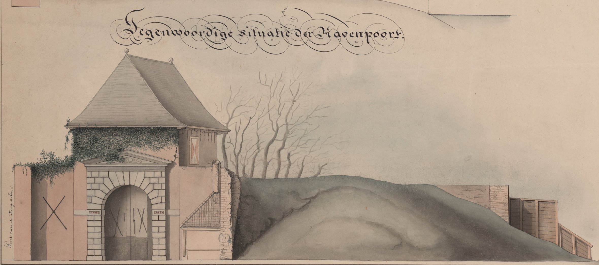 De Hoofdpoort, detail van een tekening, ca. 1845.