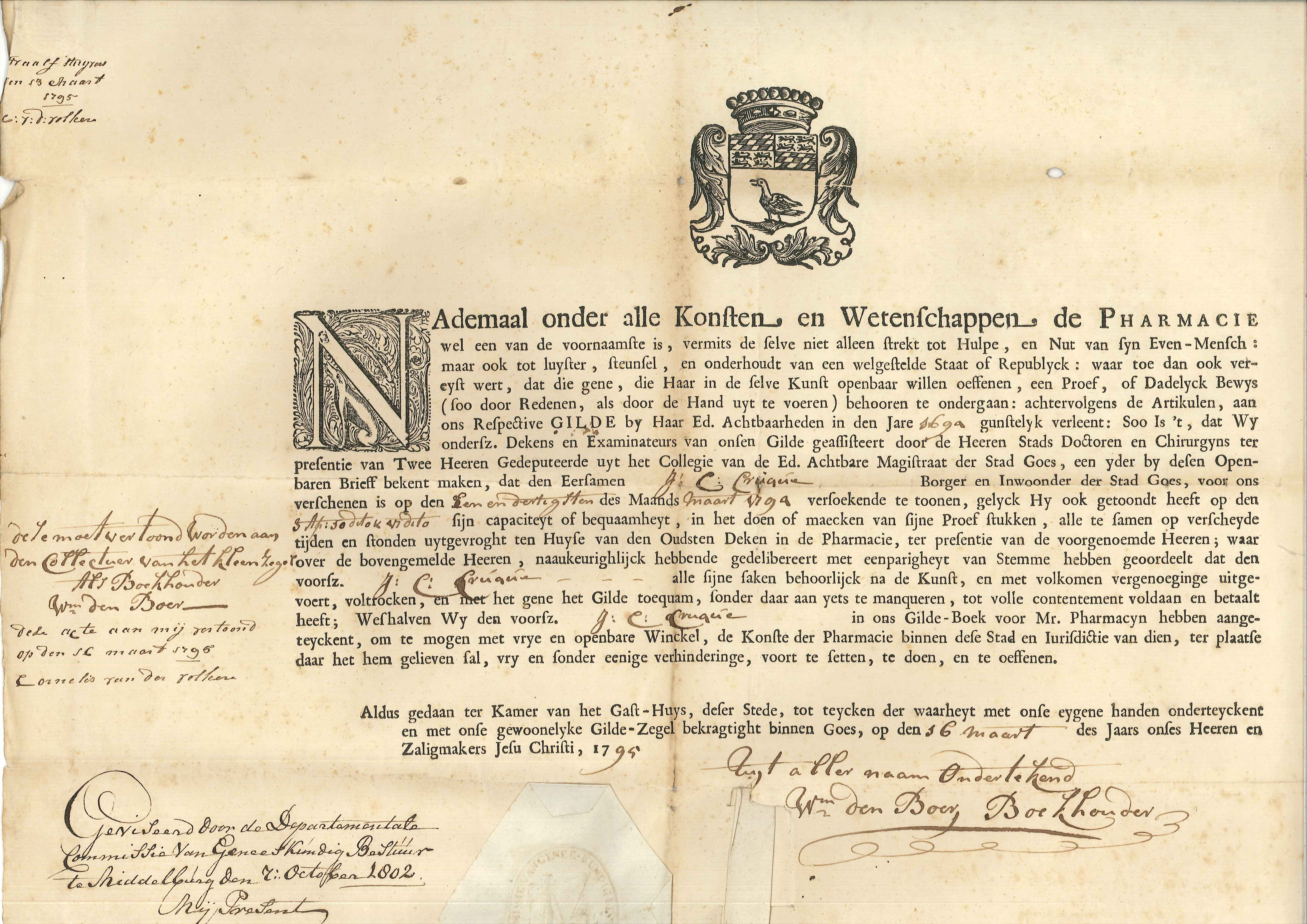 Apothekersdiploma voor J.C. Cruque, 1795.