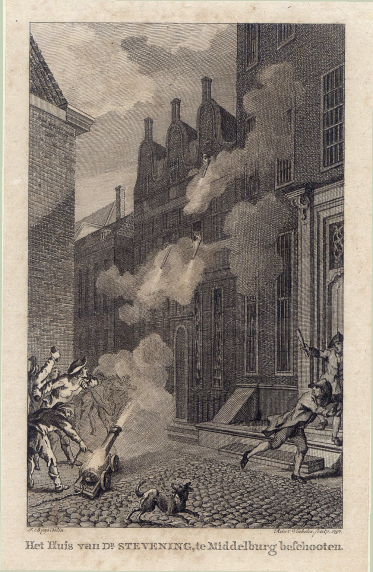 Beschieting van het huis van dominee Stevening te Middelburg, 1787.