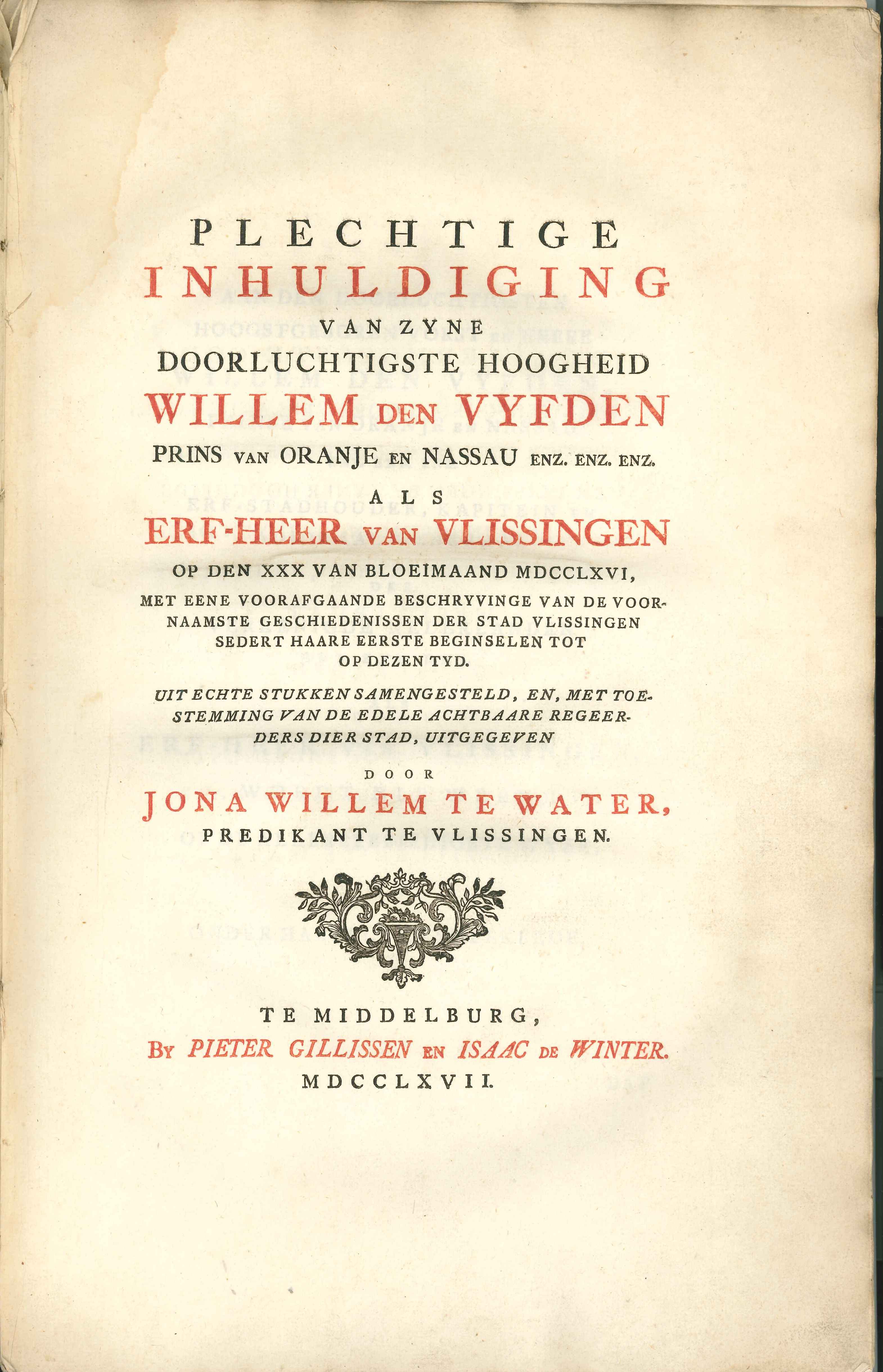 Titelblad van een publicatie van J.W. te Water uit Vlissingen, 1767.