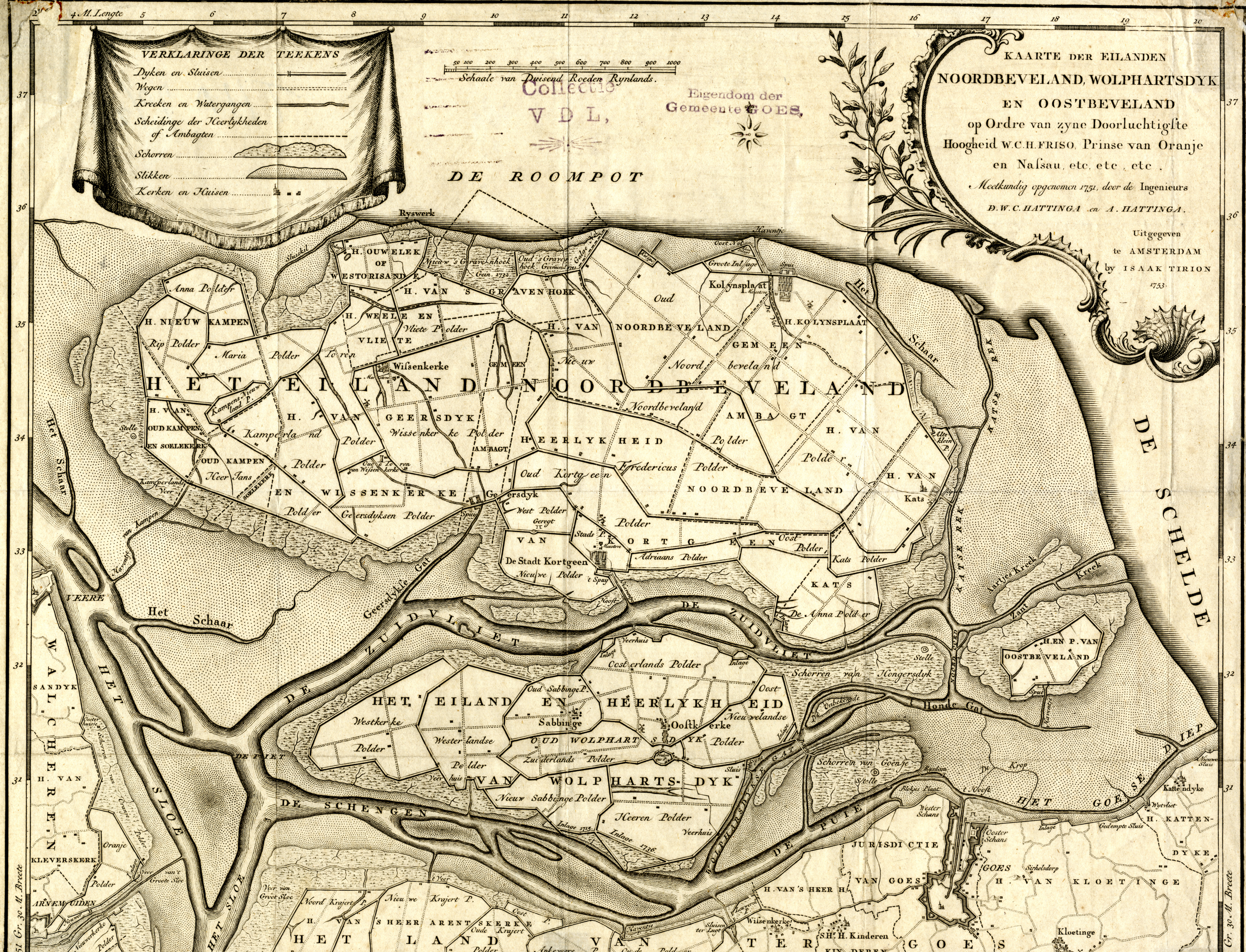 Kaart van Noord-Beveland, Oost-Beveland en Wolphaartdijk, 1751.