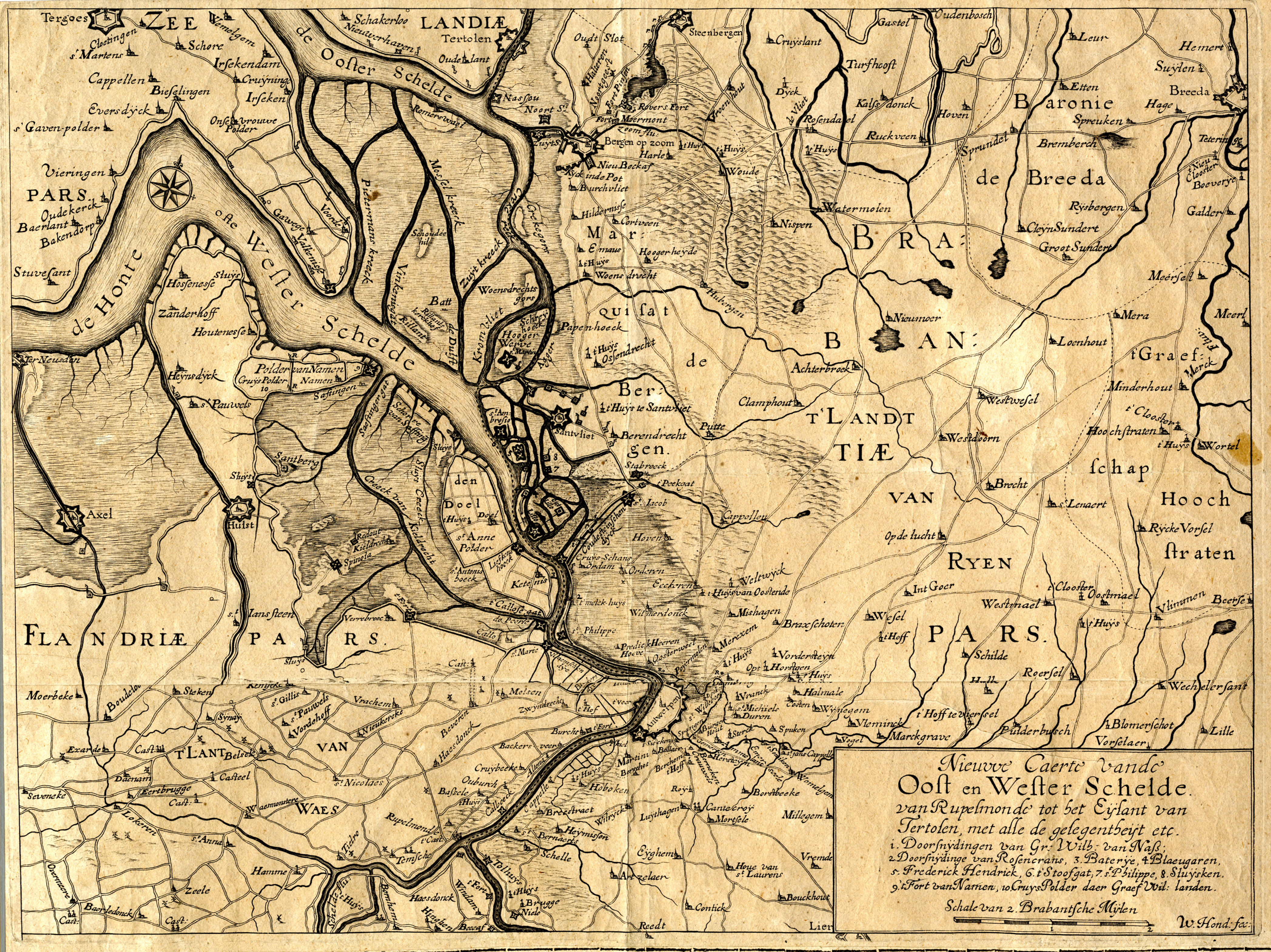Kaart van de Oost- en Westerschelde, door Hondius, 1632.