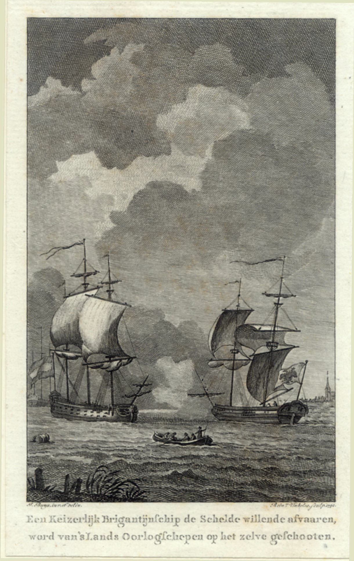 Beschieting op de Schelde van een keizerlijk schip door schepen van de Republiek, 1791.