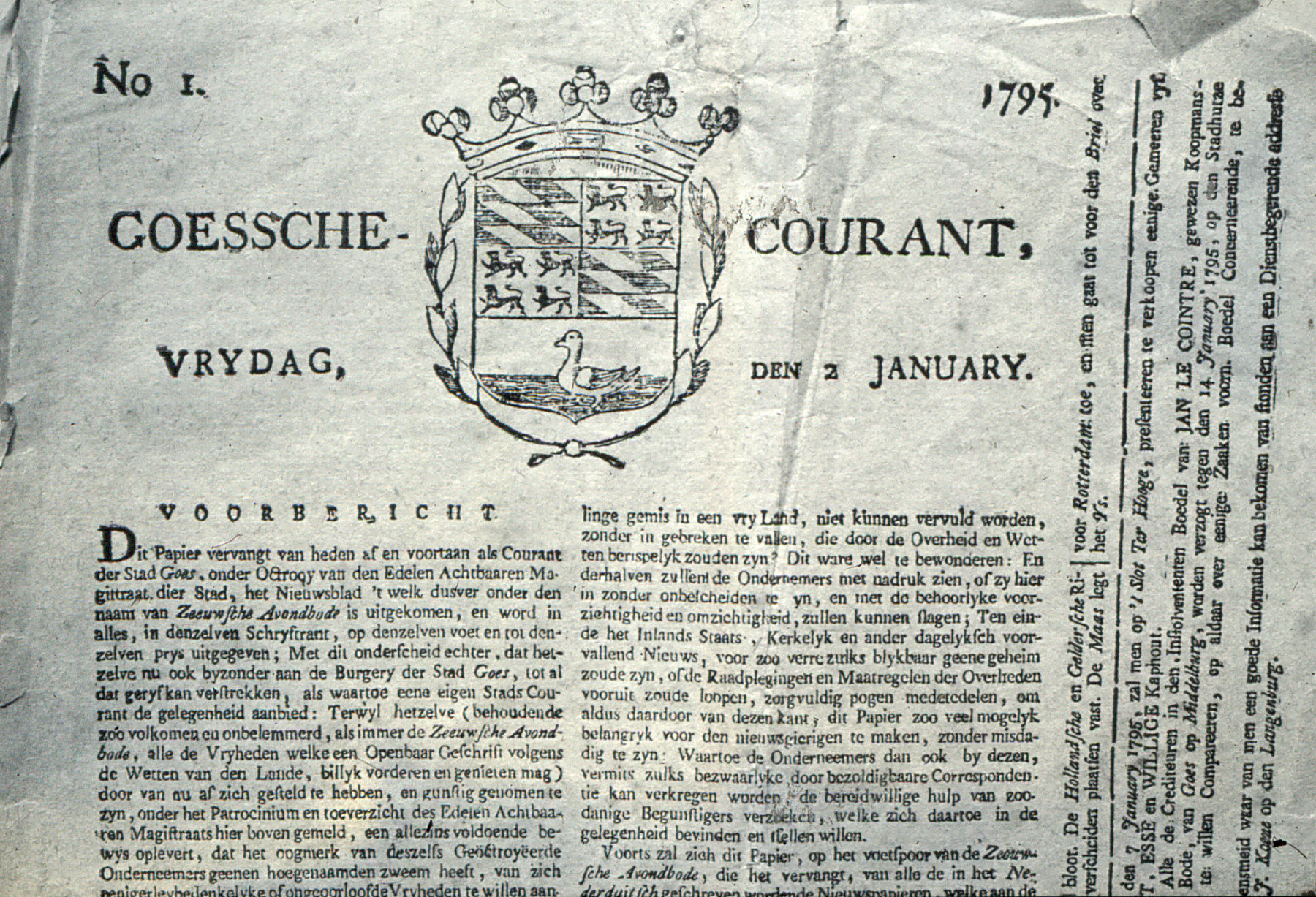 De eerste Goessche Courant, verschenen 2 januari 1795.
