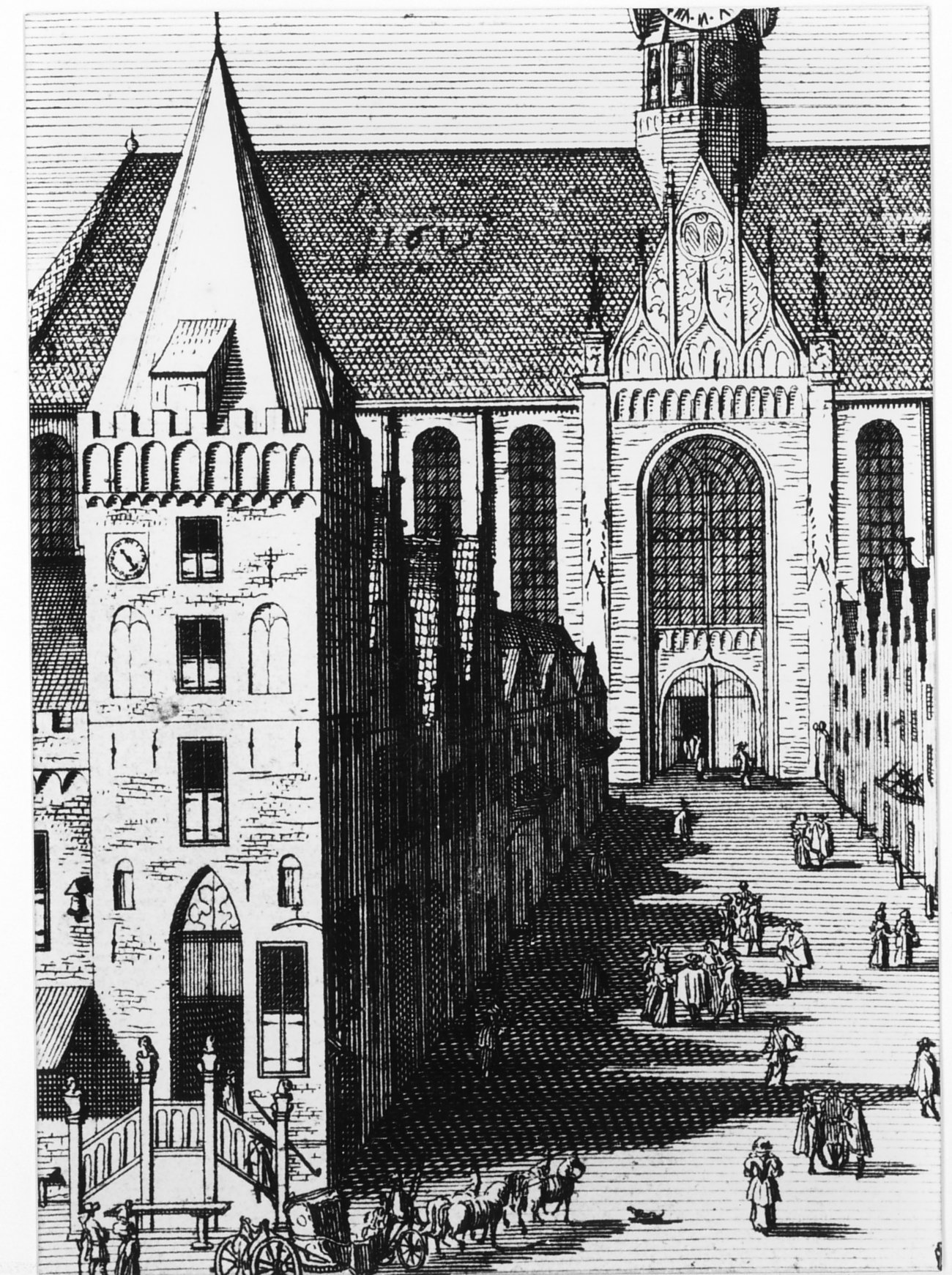 De Korte Kerkstraat, met links het stadhuis, detail afbeelding uit 1696.
