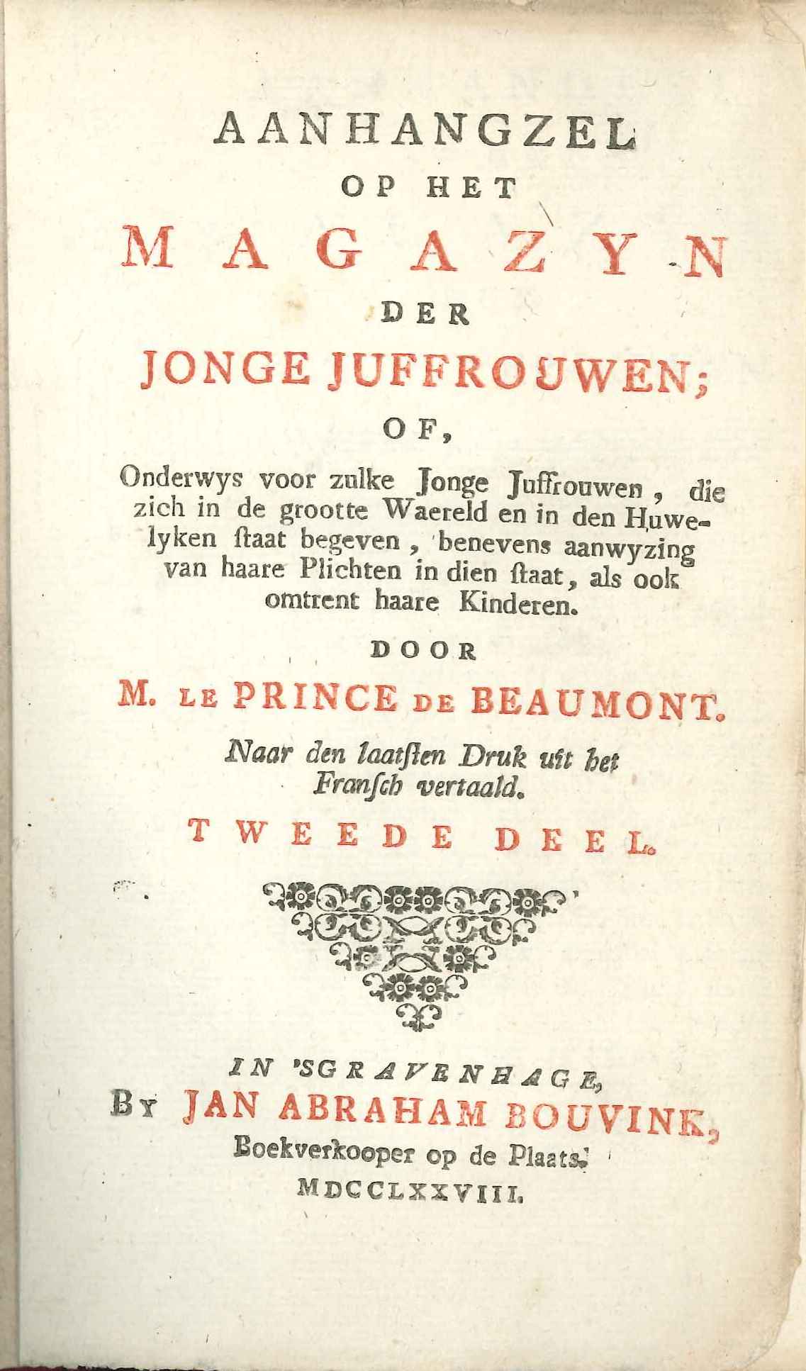 Titelblad van het Aanhangzel op het Magazyn der jonge juffrouwen, 1778.