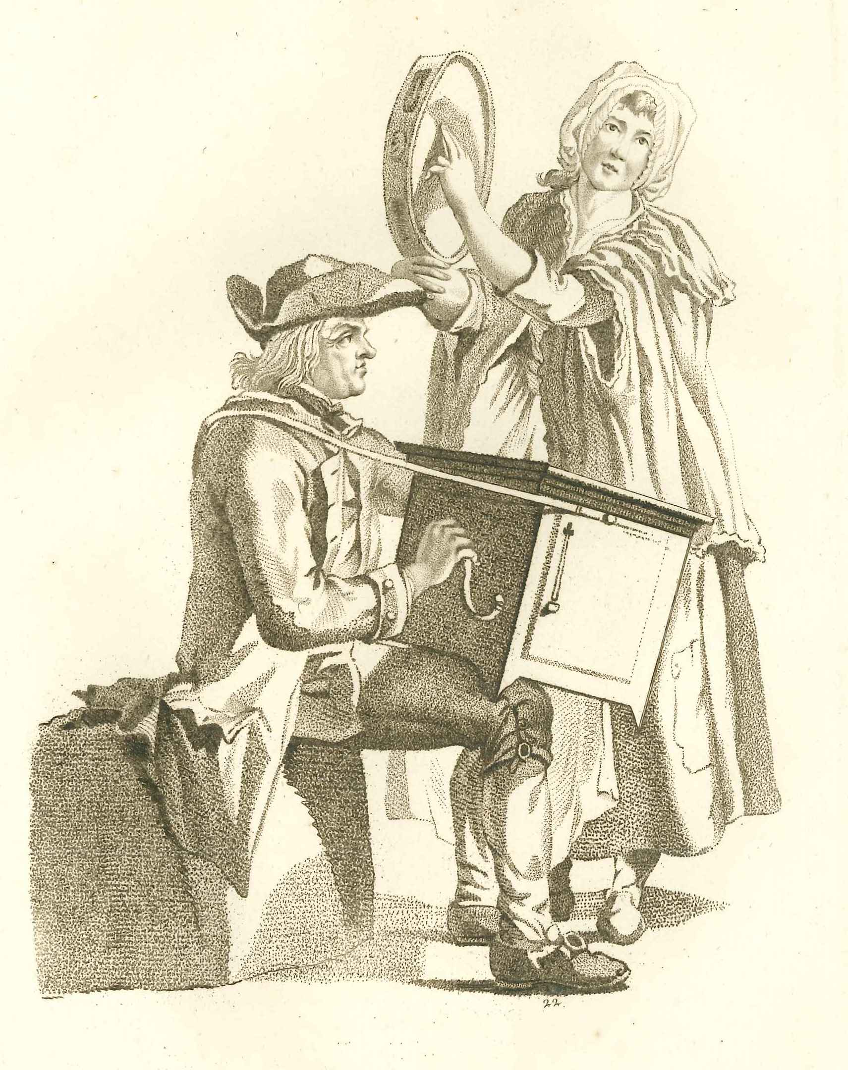 Straatmuzikanten, een man met draaiorgel, vrouw met tamboerijn, ca. 1800.