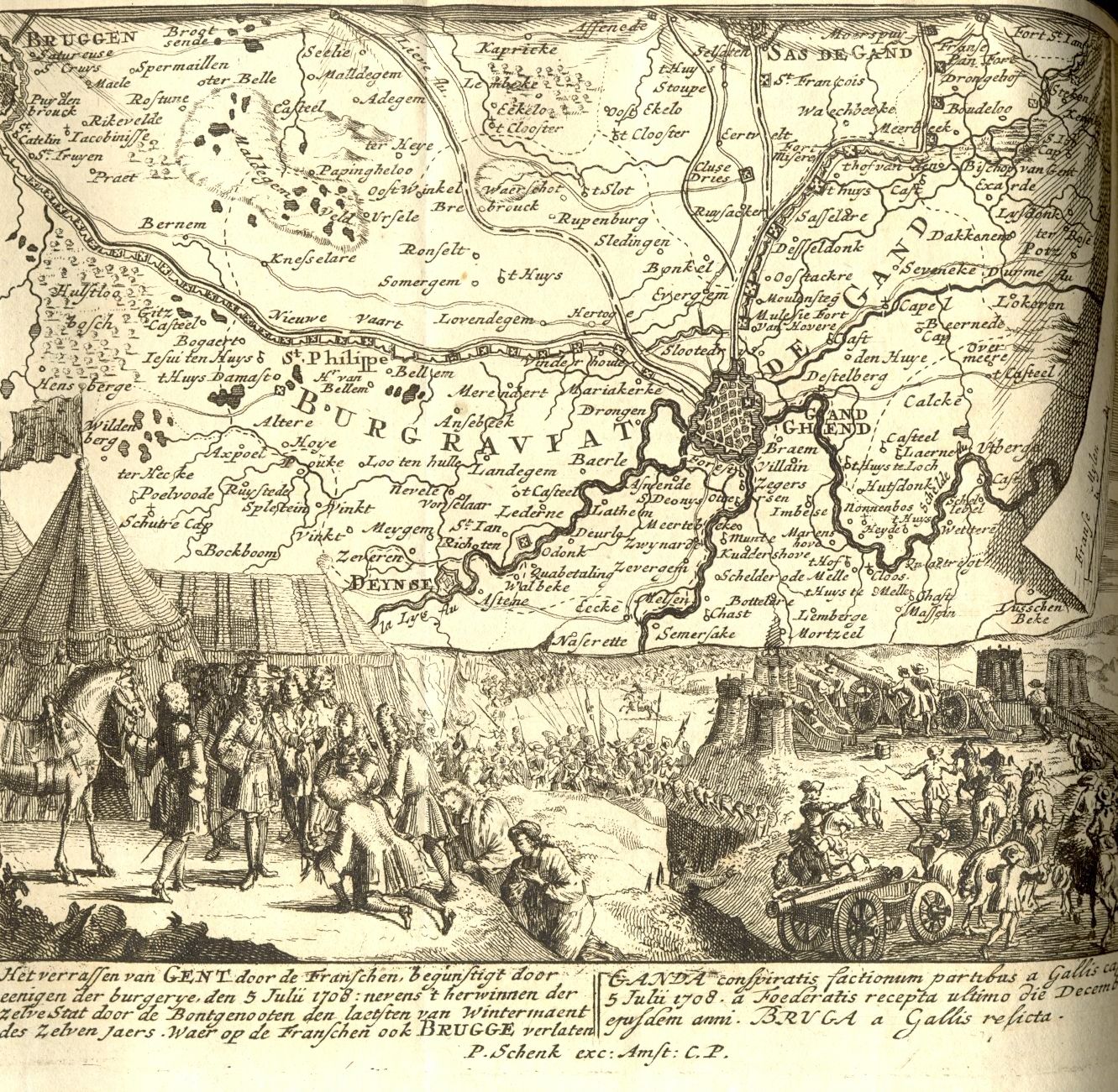 Het overrompelen van Gent door de Fransen, en het weer terugveroveren door de geallieerden, 1708.