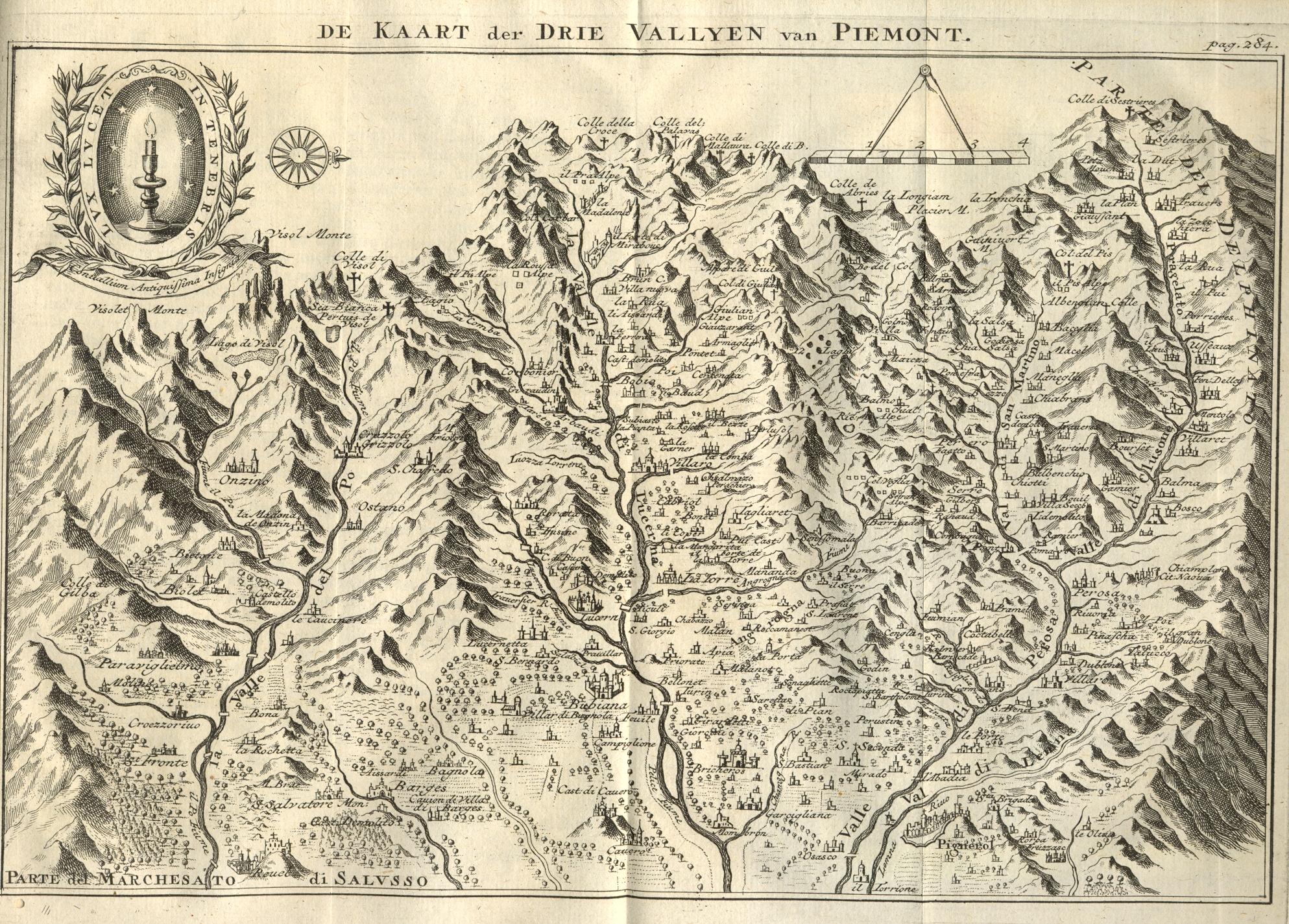 Kaart van de vallei van Piemonte in Frankrijk, waar de protestanten worden vervolgd, 1731.