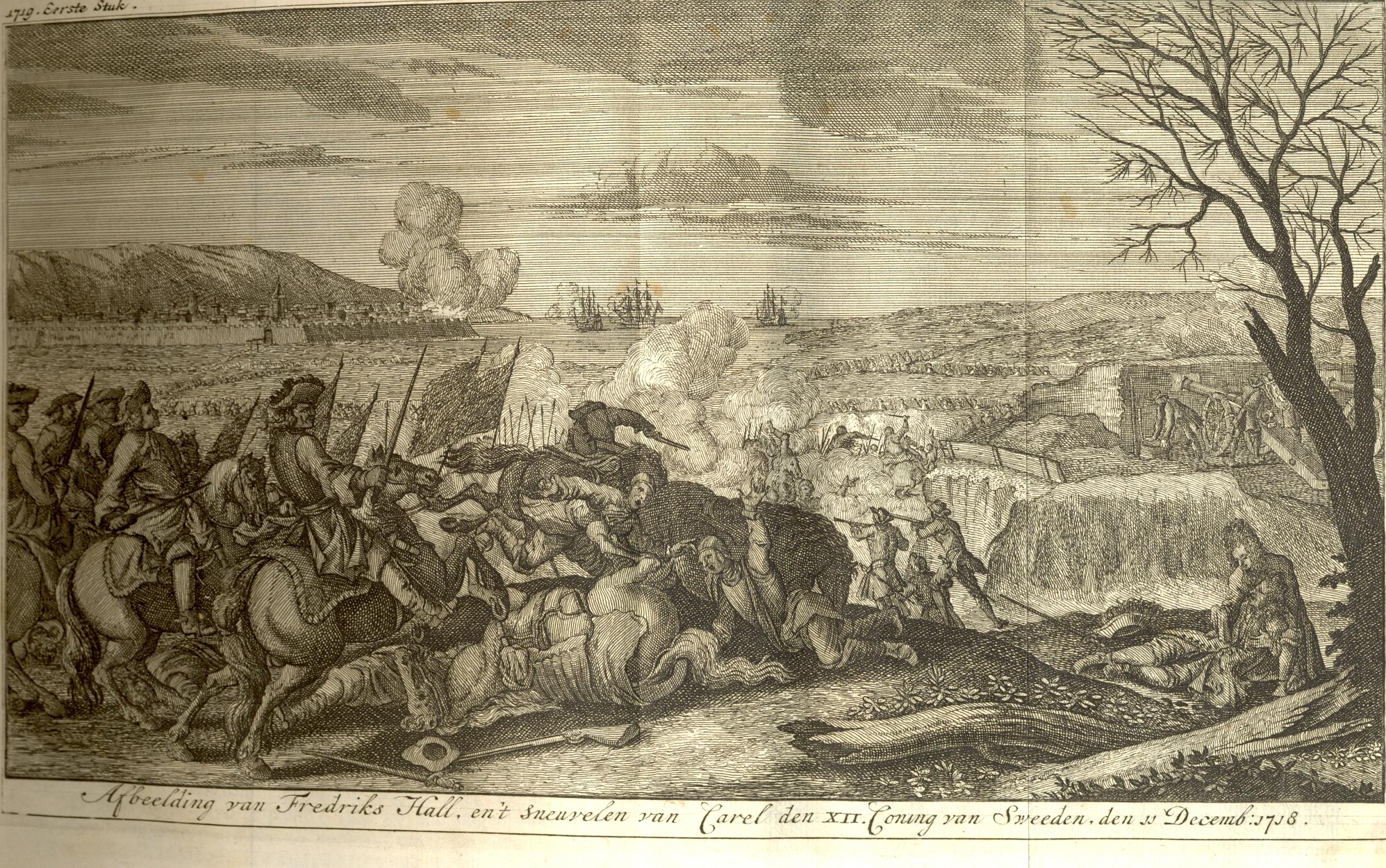 Veldslag bij Fredriks Hall, waarbij koning Karel XII van Zweden sneuvelt, 1718.