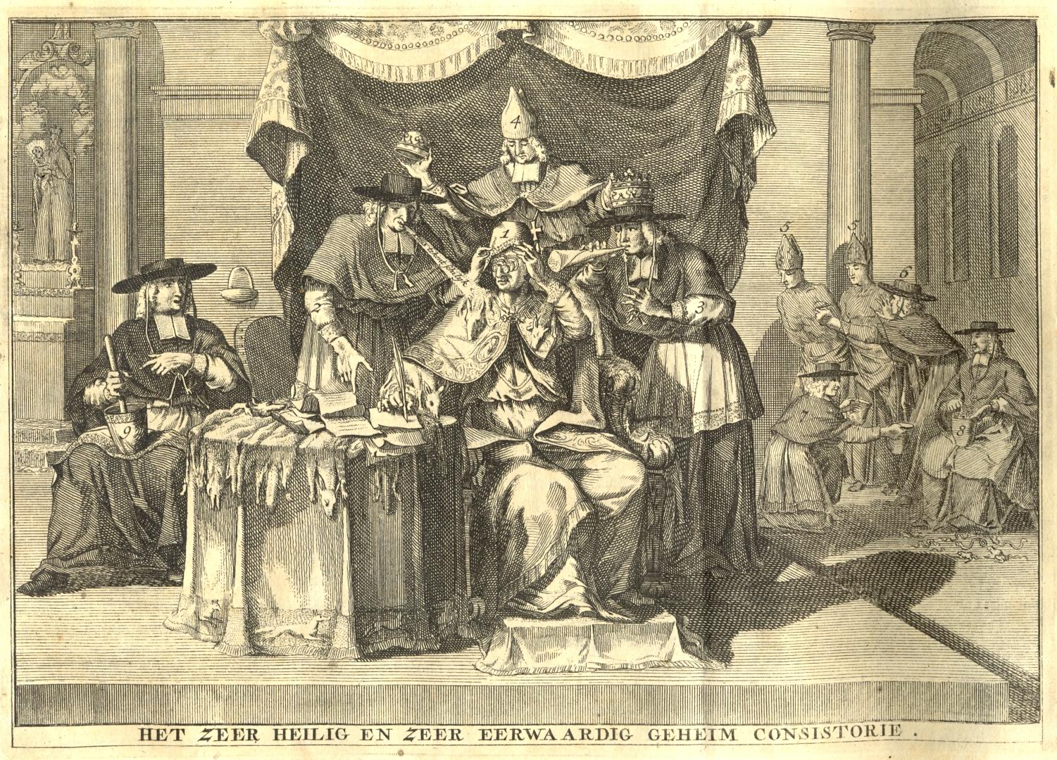 Spotprent op de problemen van paus Clemens XII, 1731.