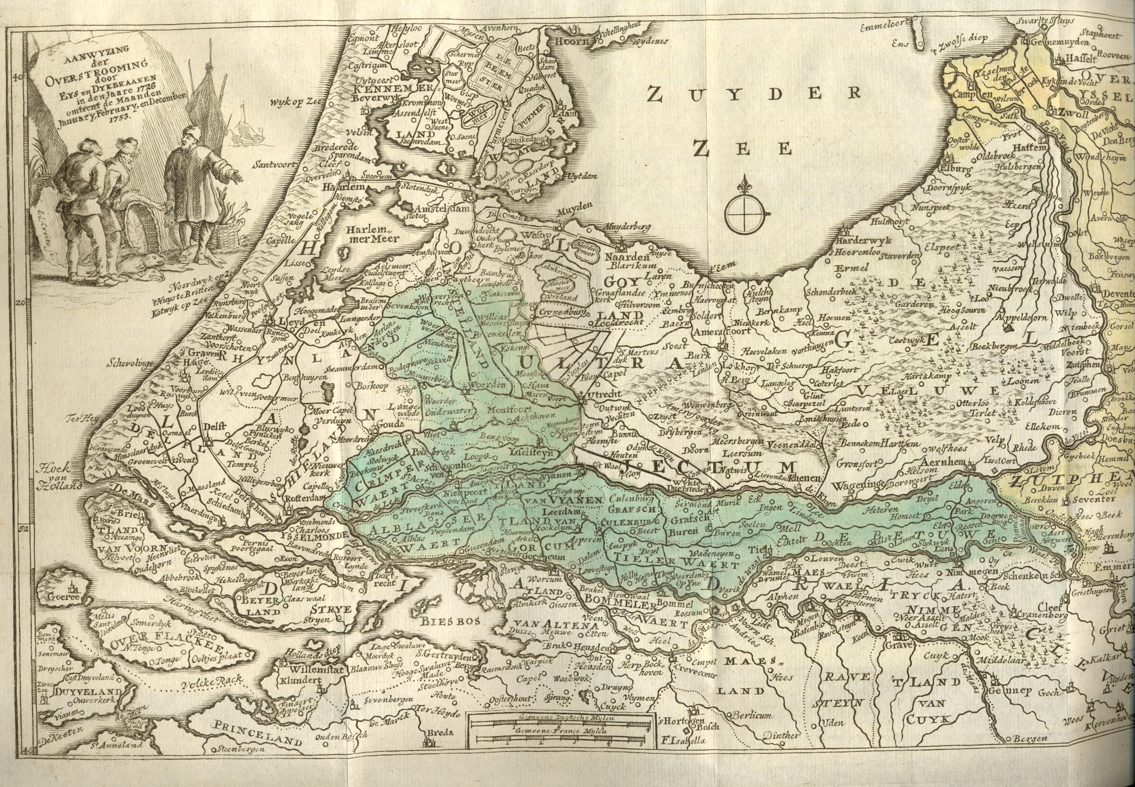 Kaart van de overstroomde gebieden in de Republiek, 1754.