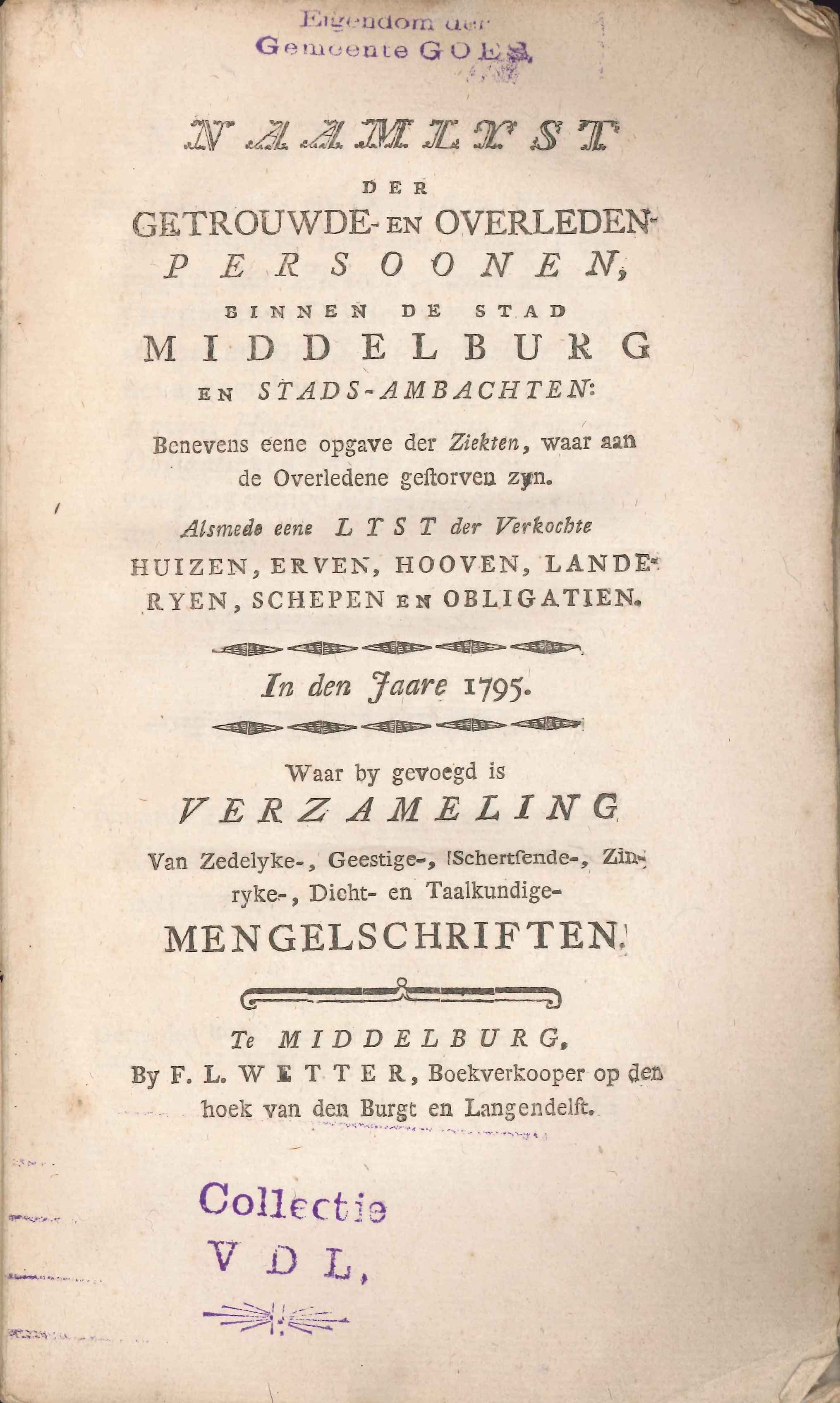Gegevens van de bevolking van Middelburg, 1795.