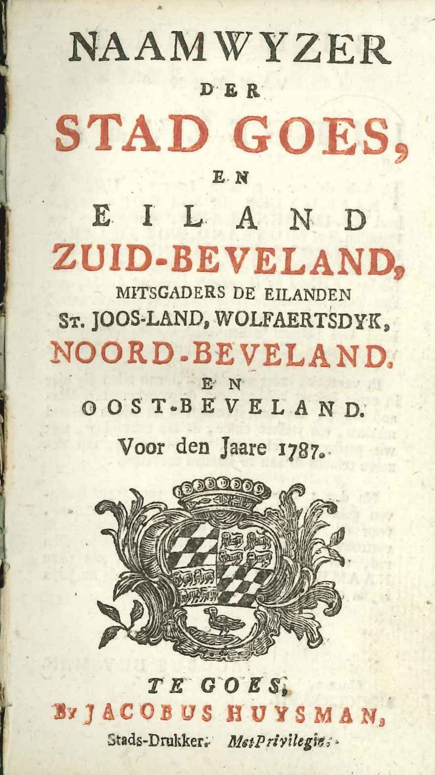 Titelblad van de Naamwyzer van Goes, 1787.