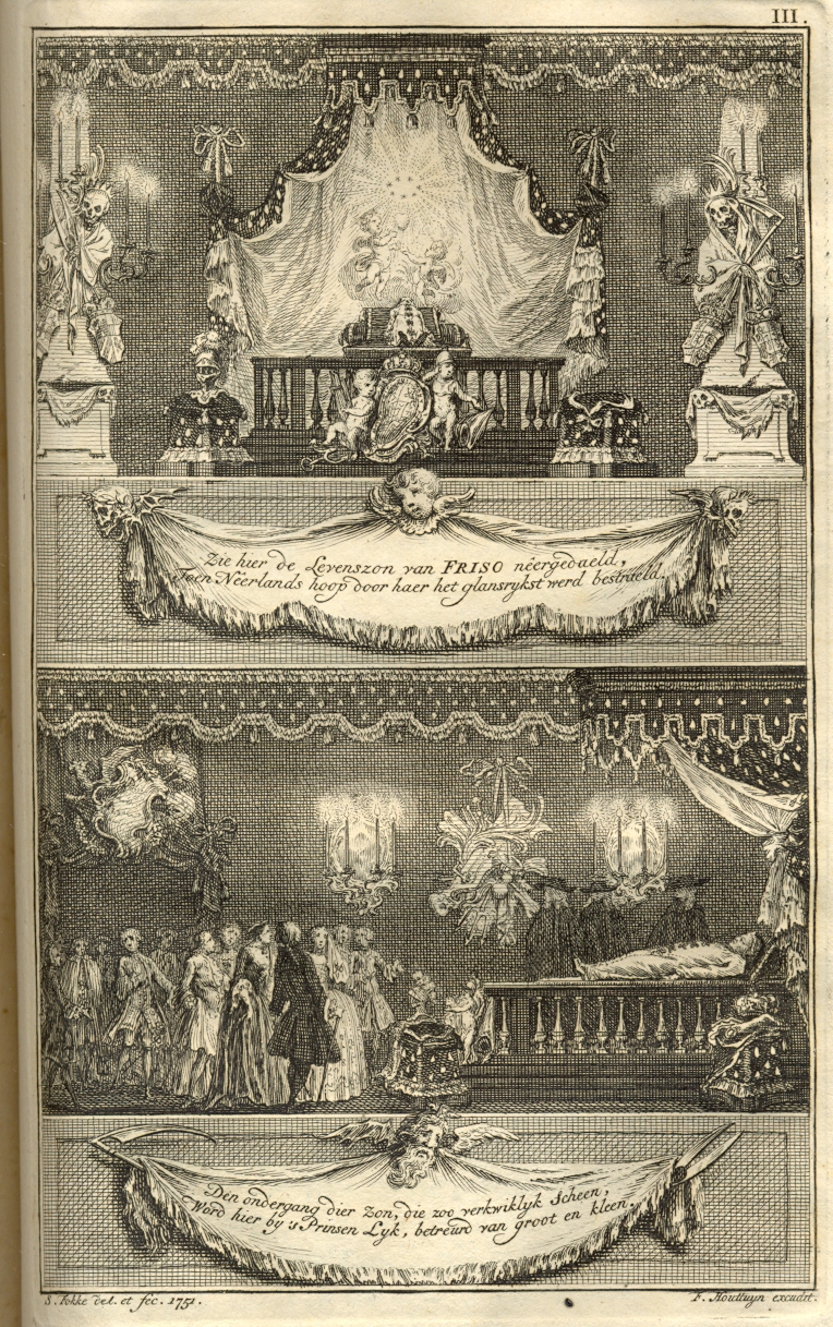 Symbolische prent van de geboorte en de dood van Willem IV, 1751.