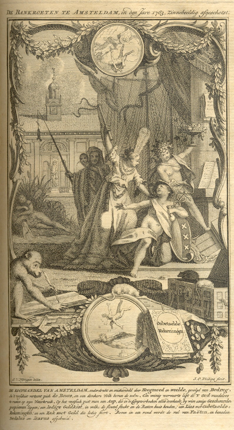 Zinnebeeldige voorstelling van het bankroet van de beurs van Amsterdam, 1763.