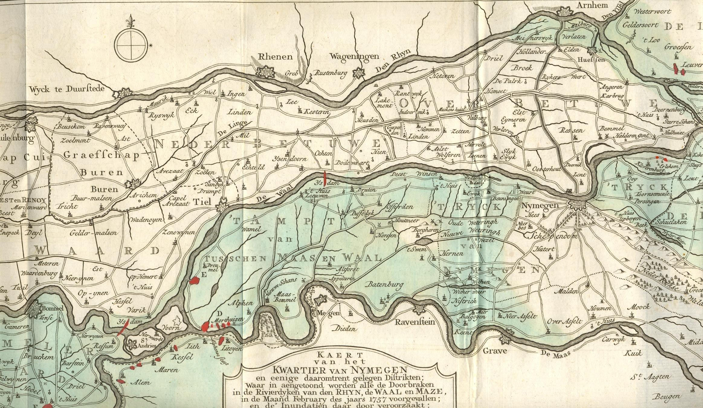 Kaart van de overstroming van het Land van Maas en Waal, 1757.