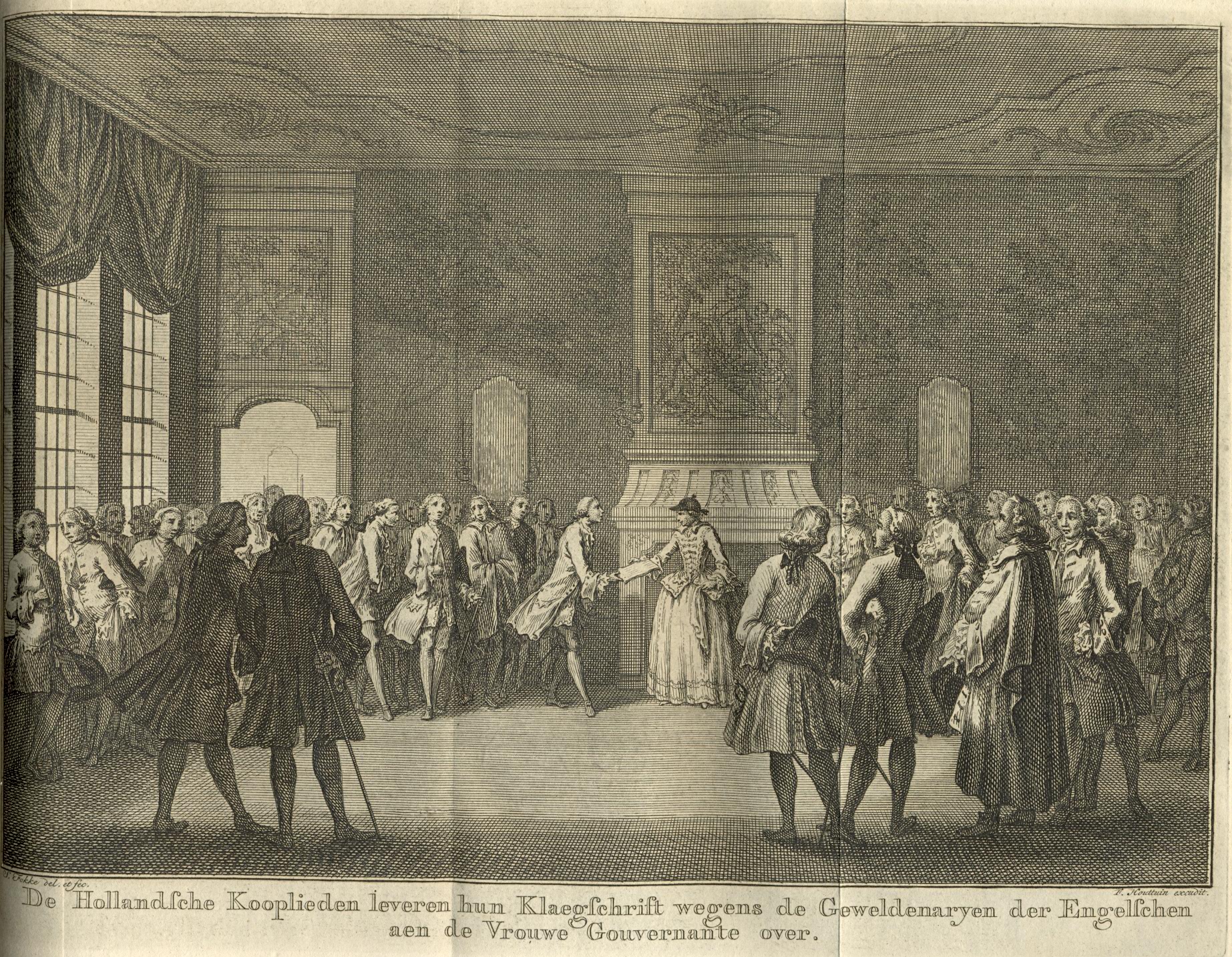 Het aanbieden van een klaagschrift over Engelse dwingelandij door Hollandse kooplieden aan de prinses-gouvernante, 1758.