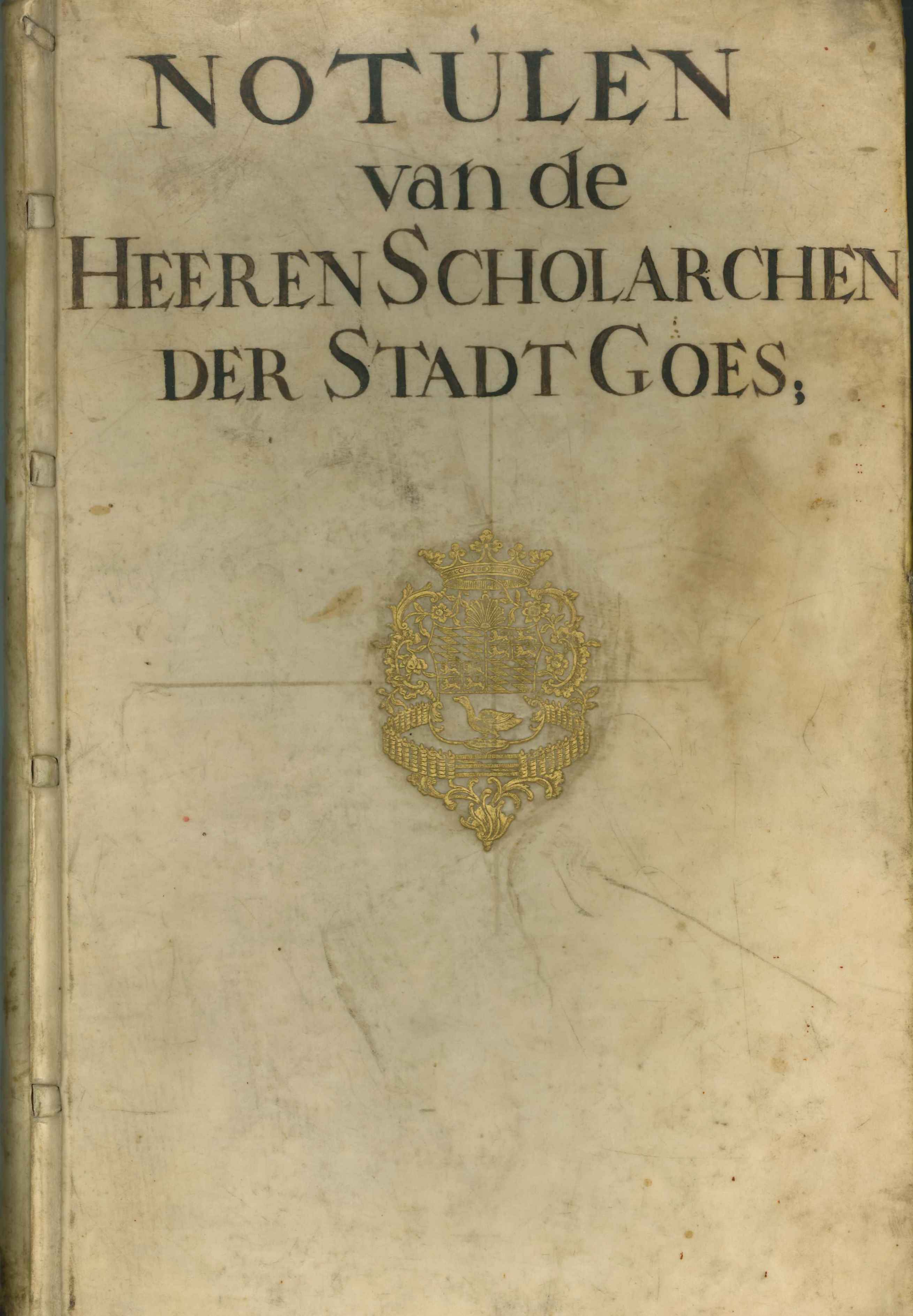 Omslag van een notulenboek van de scholarchen, met daarin een dagboek van P.A. Boreel de Mauregnault, 2de helft 18e eeuw.