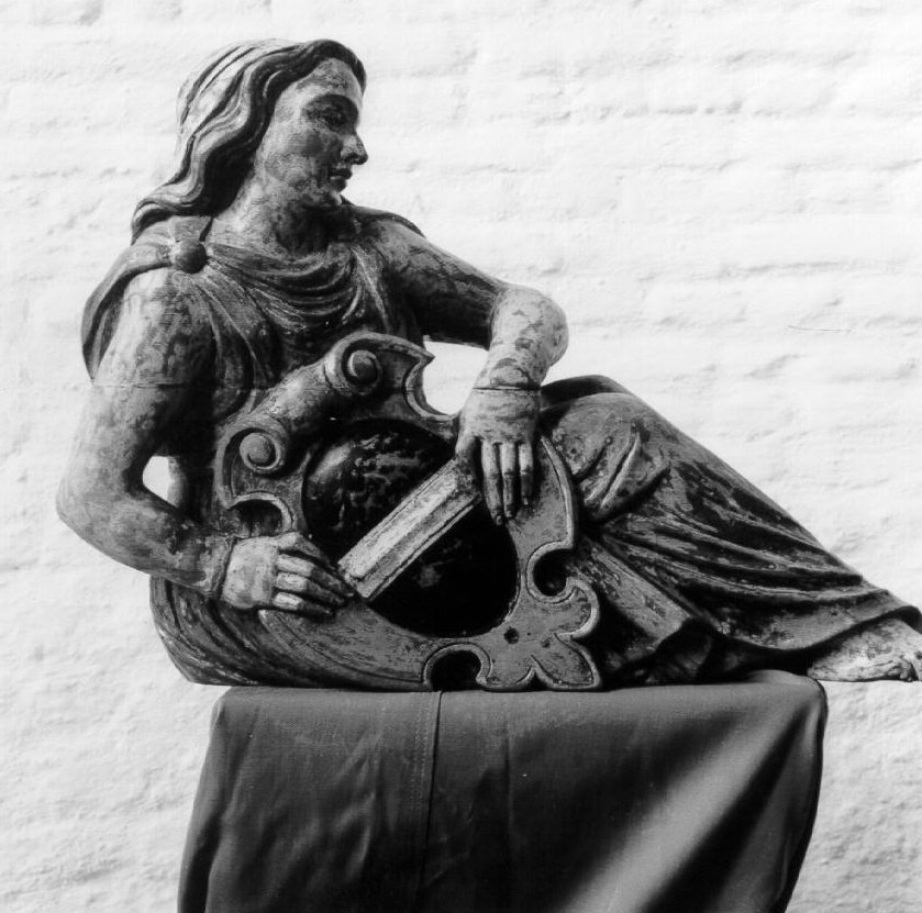 Restauratie van beeldhouwwerk met wapen Borsele, 1969.