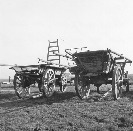 Traditionele menwagens voor stro (links) en graan, 1966.