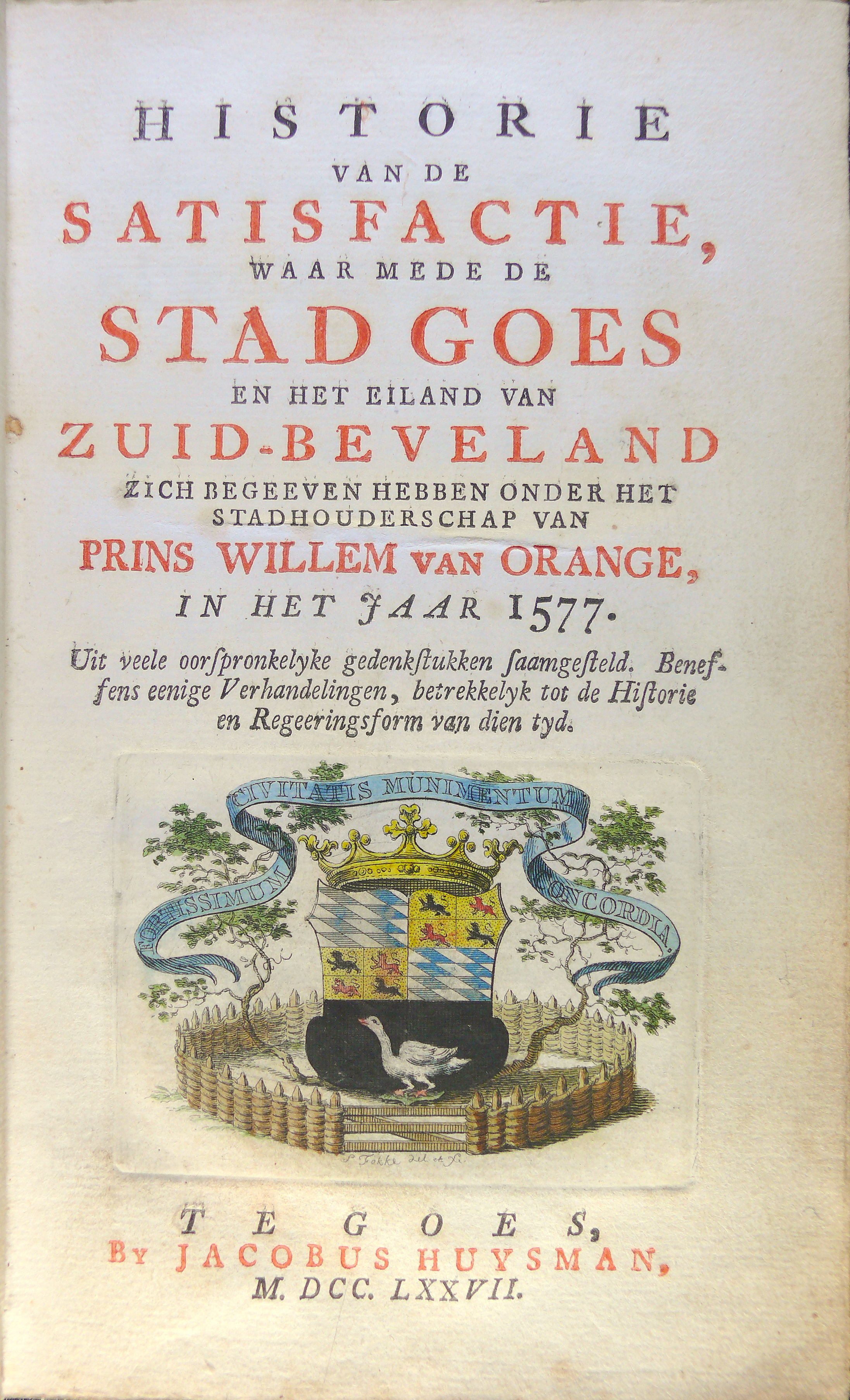 Titelblad Satisfactie van Goes, ingekleurd stadswapen, 1777.
