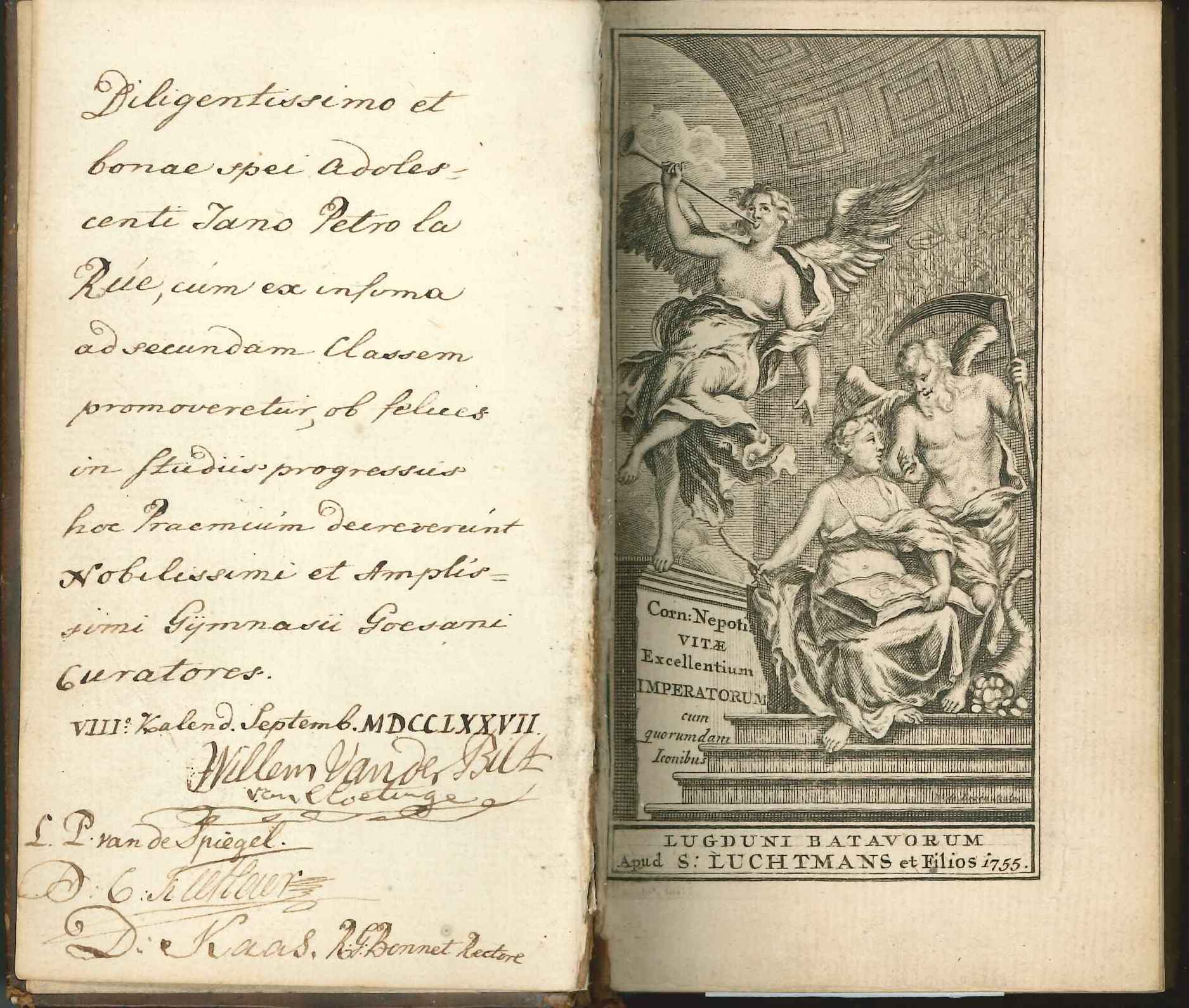 Opdracht in een boekje uitgereikt aan J.P. la Rue, leerling aan de Latijnse School, 1777.