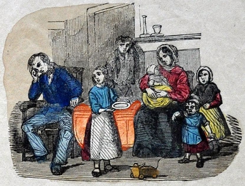 Armoedig gezin, centsprent, 19e eeuw.