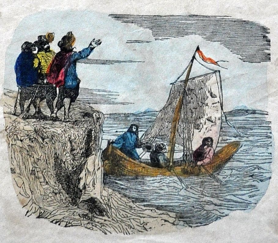 Zeilschip bij de kust, rijmprent, 19e eeuw.