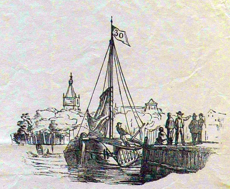 Vrachtschip meert af om te worden gelost, centsprent 19e eeuw.