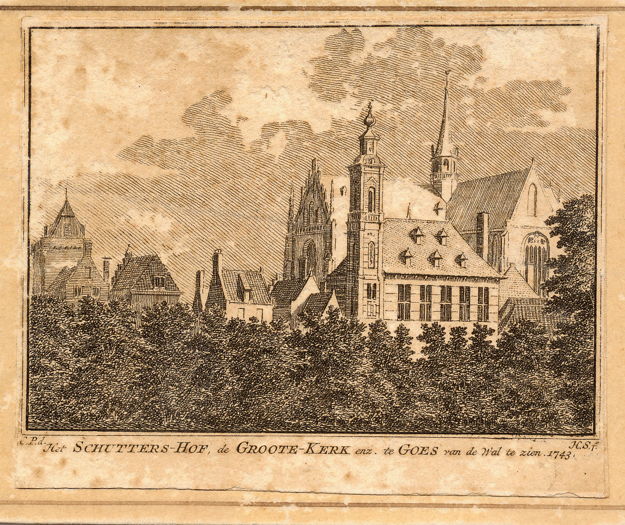 Het schuttershof van St. Joris, met de Grote Kerk, 1743.