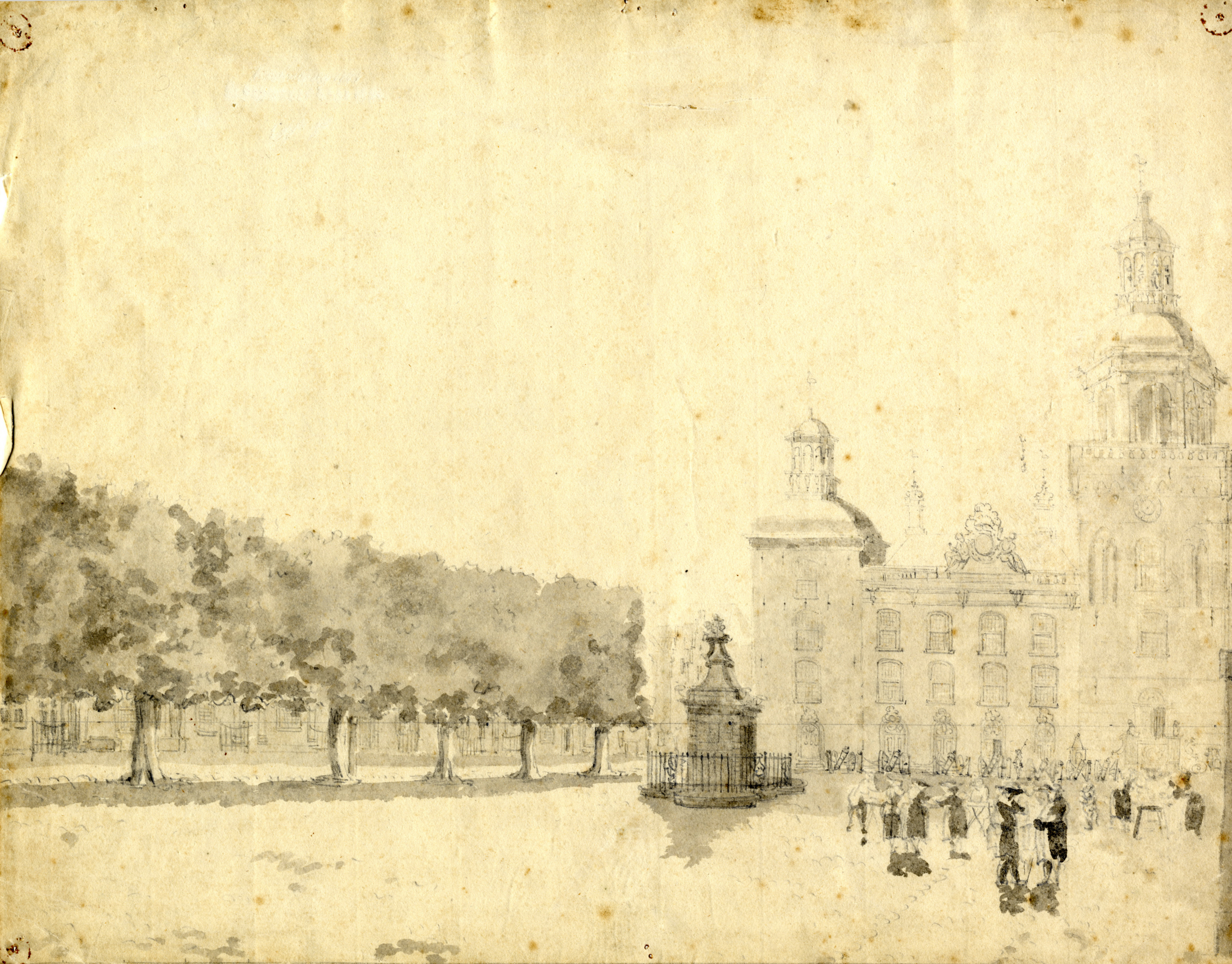 Grote Markt met stadhuis en pomp, 1793.