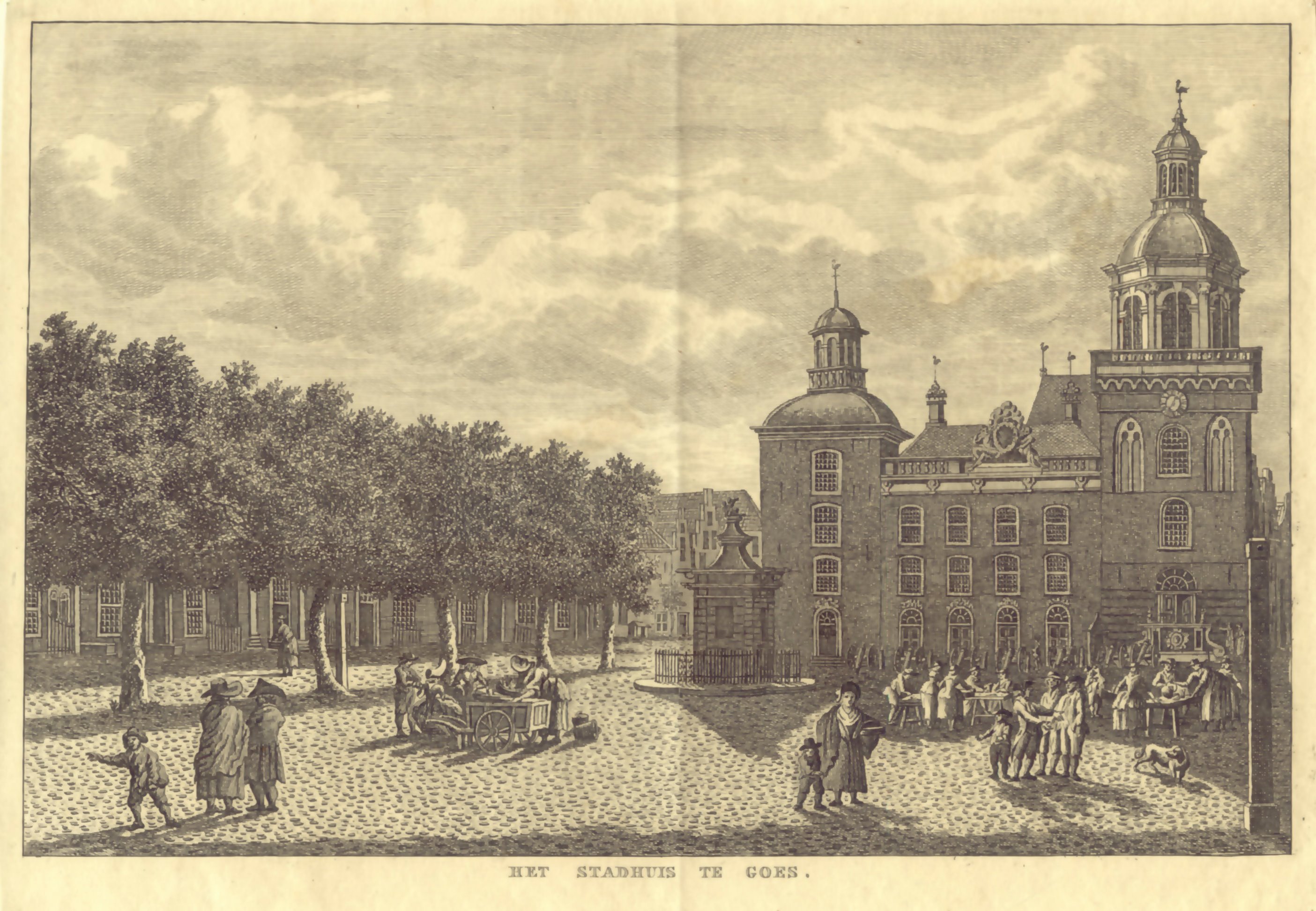 Grote Markt te Goes, met enkele marktkramen, en kanonnen voor het stadhuis, ca. 1795.