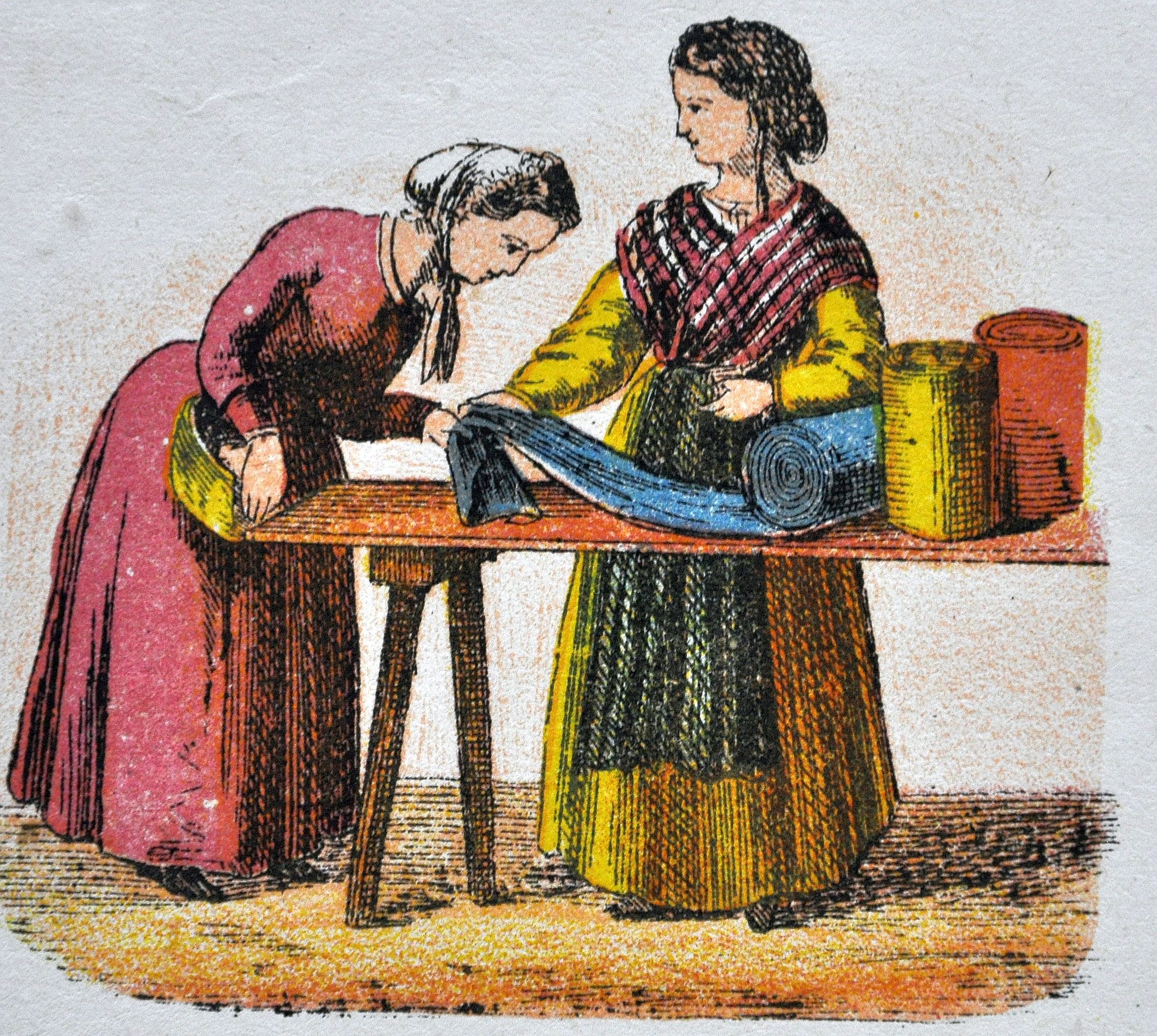 Stoffenverkoopsters, centsprent, 19e eeuw.