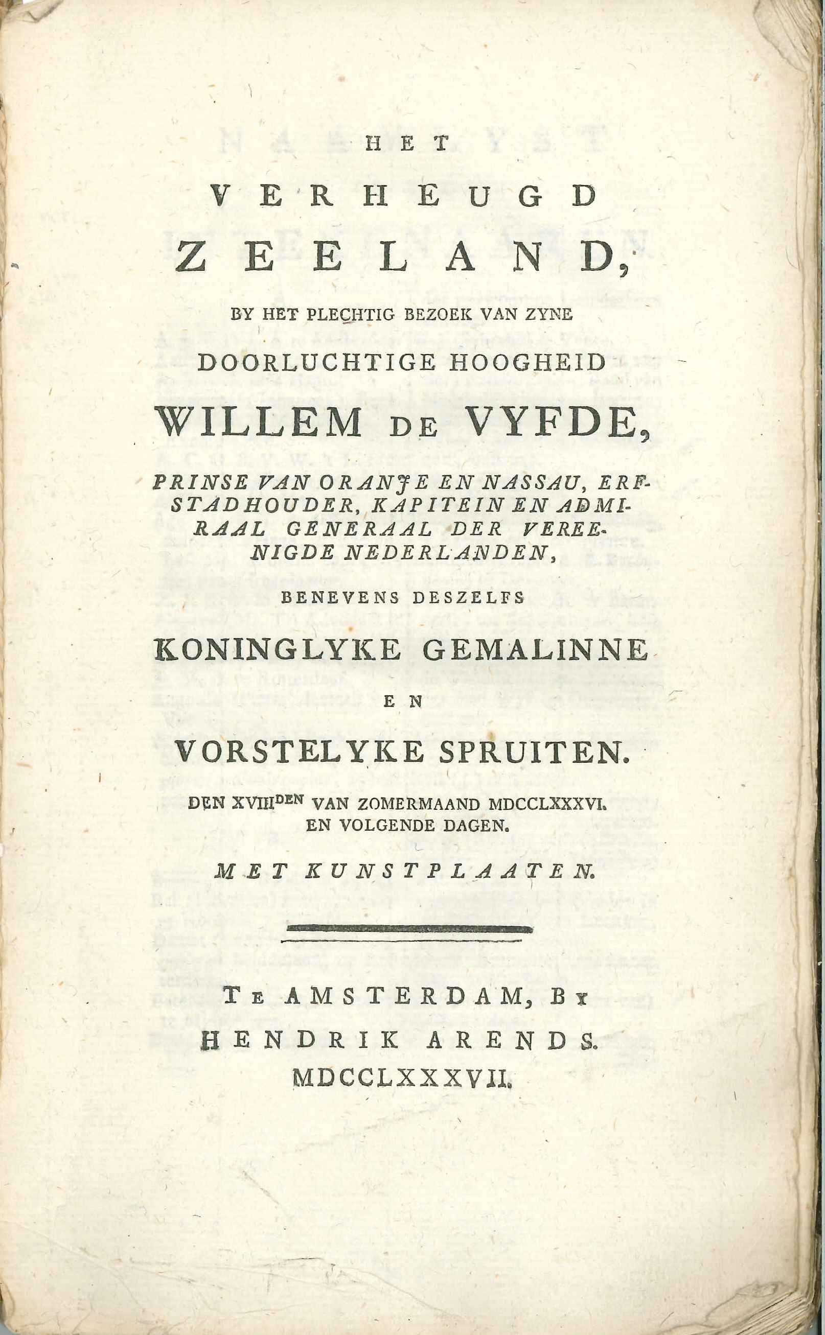 Titelblad van Het Verheugd Zeeland, beschrijving van het bezoek van de stadhouderlijke familie in 1786 aan Zeeland.