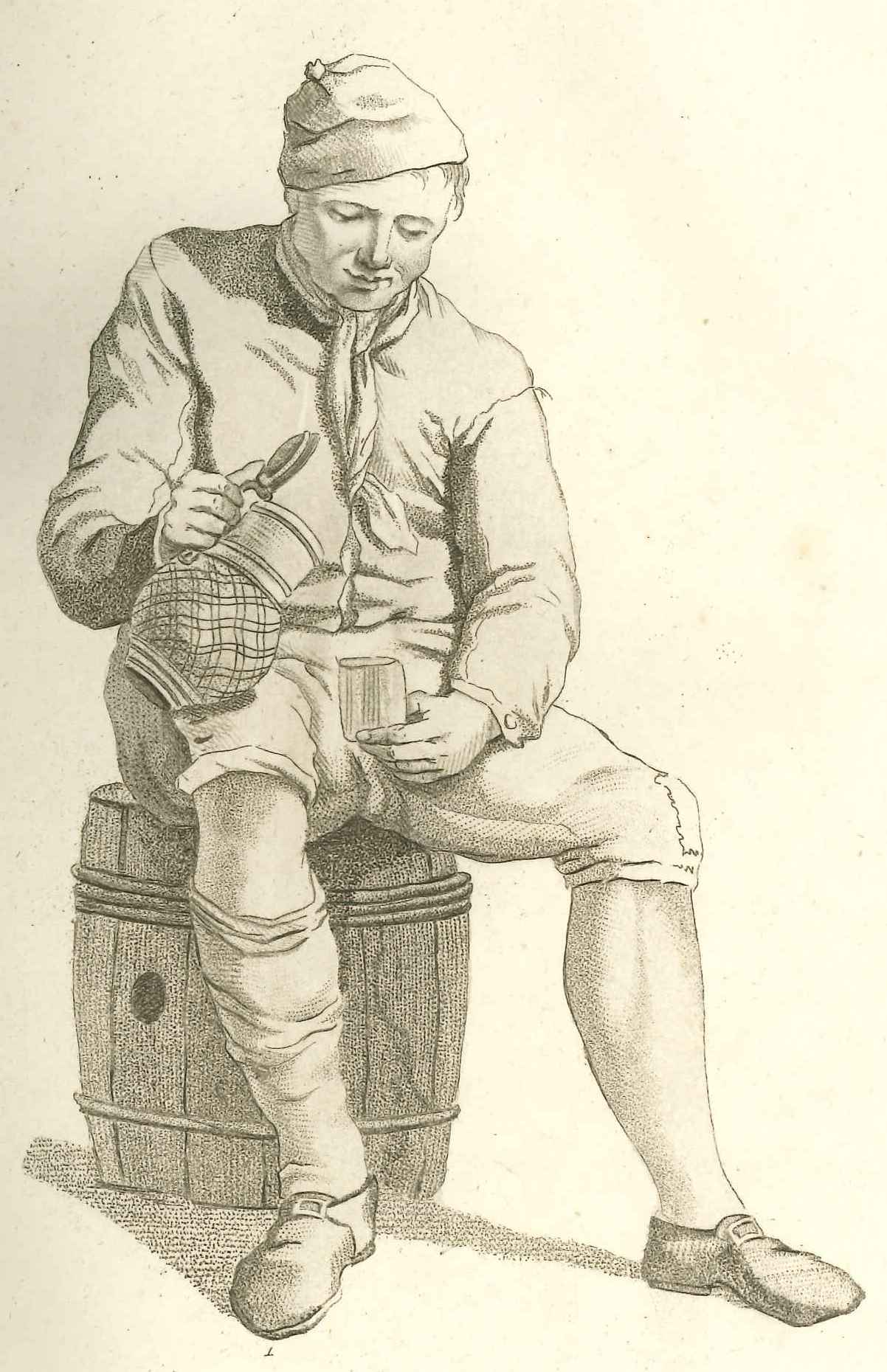 Werkman rust uit met bierkruik, ca. 1800.