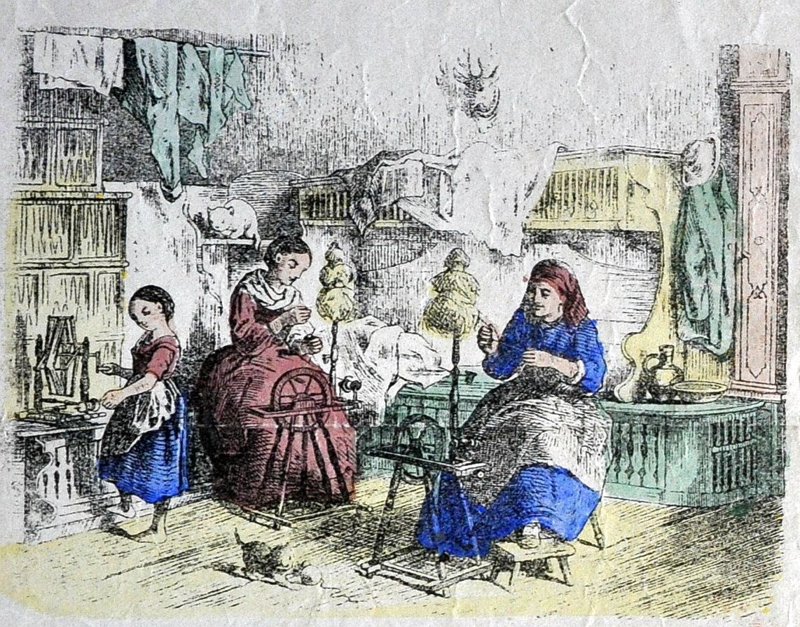 Wollewerksters, centsprent 19e eeuw.