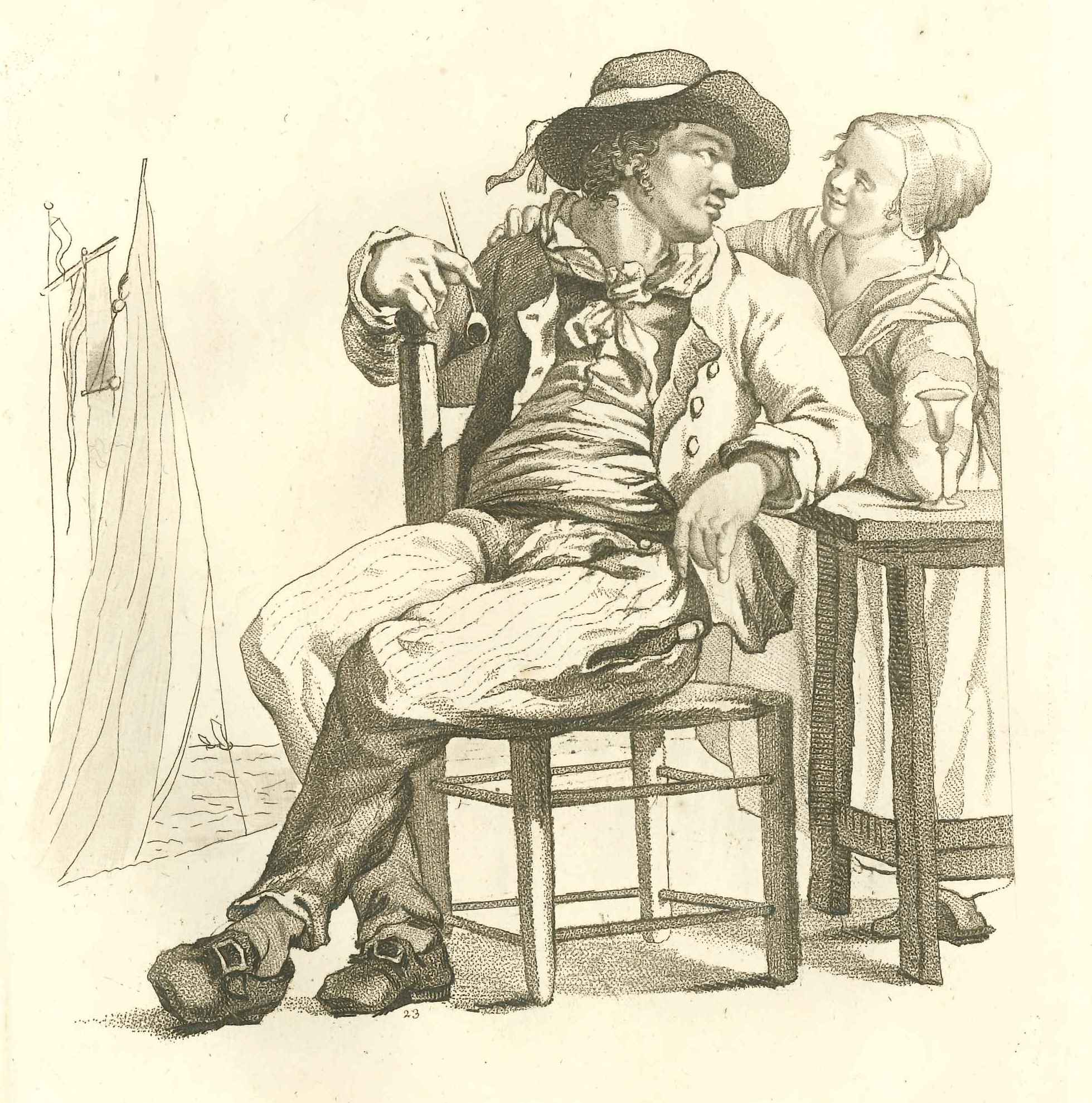 Zeeman met meisje, ca. 1800.