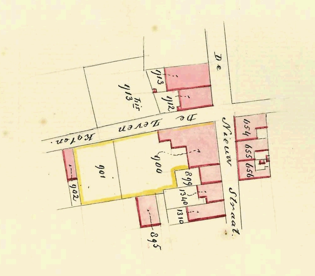 Kadastrale schets sectie D 900, Nieuwstraat 28, uitbreiding smederij M. Adriaanse. AGG.287, 454. 1865.