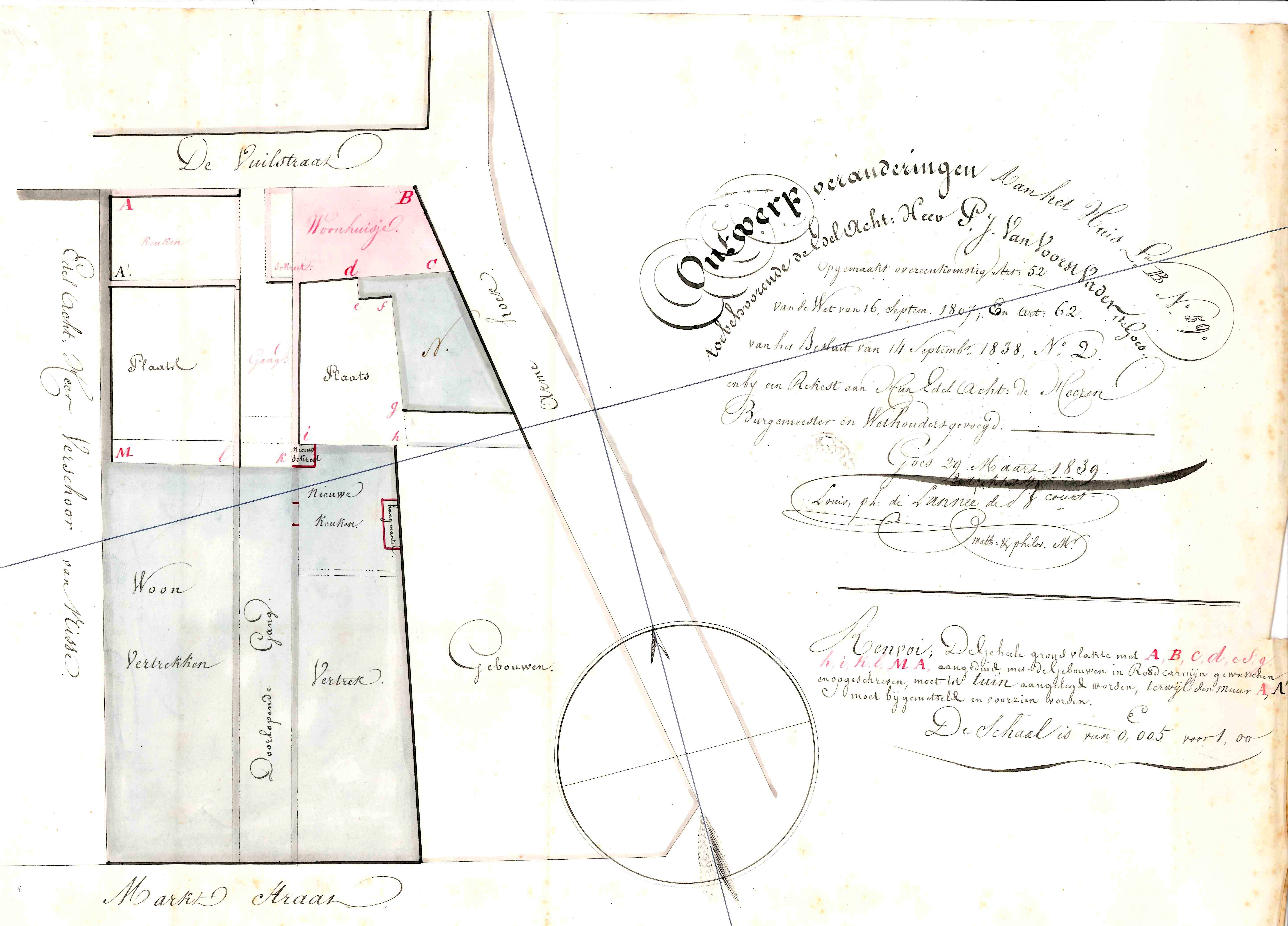 Tekening van de verbouwing van Lombardstraat 2, 1839. GAG.ASG_.inv_.nr_. 558, nr. 259