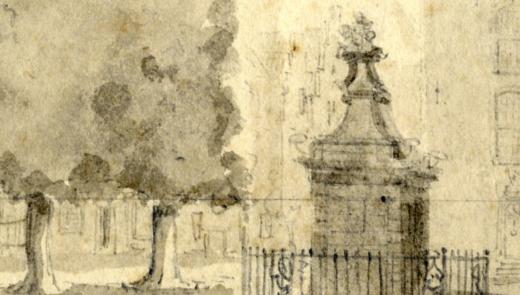 Detail van een tekening van de Grote Markt waarop een rij bomen en een standbeeld is afgebeeld